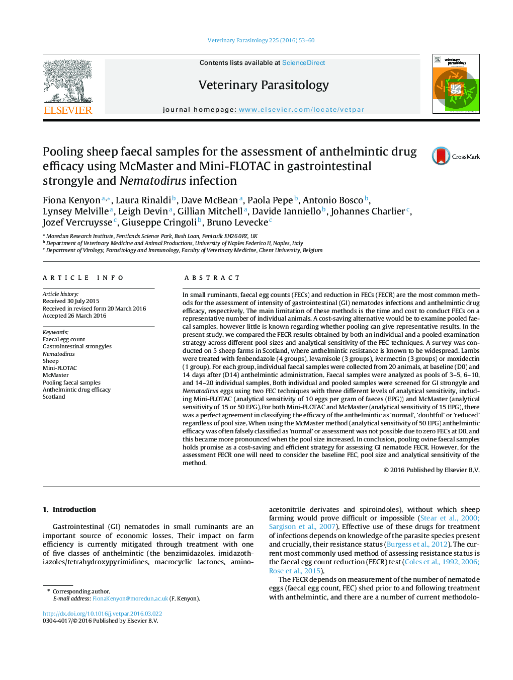 Pooling sheep faecal samples for the assessment of anthelmintic drug efficacy using McMaster and Mini-FLOTAC in gastrointestinal strongyle and Nematodirus infection