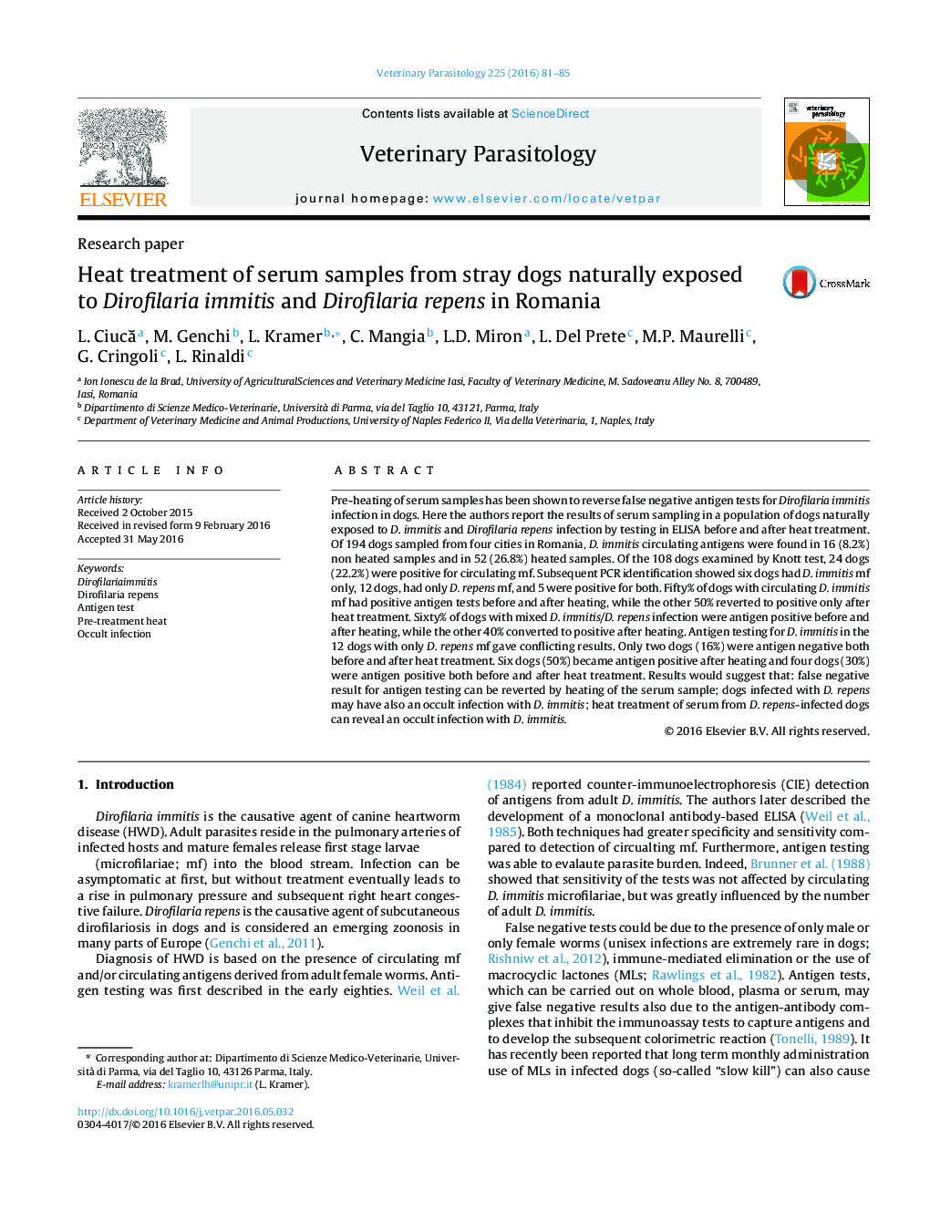 Heat treatment of serum samples from stray dogs naturally exposed to Dirofilaria immitis and Dirofilaria repens in Romania