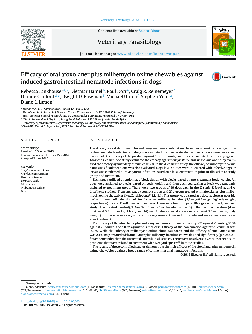 Efficacy of oral afoxolaner plus milbemycin oxime chewables against induced gastrointestinal nematode infections in dogs