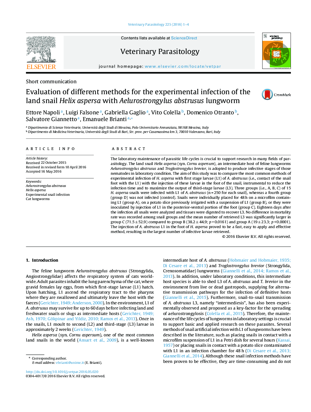 Evaluation of different methods for the experimental infection of the land snail Helix aspersa with Aelurostrongylus abstrusus lungworm