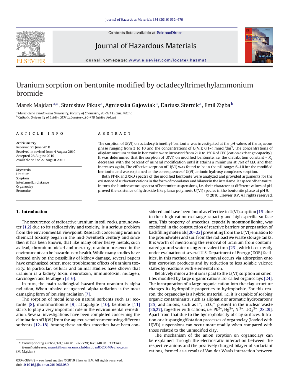 Uranium sorption on bentonite modified by octadecyltrimethylammonium bromide