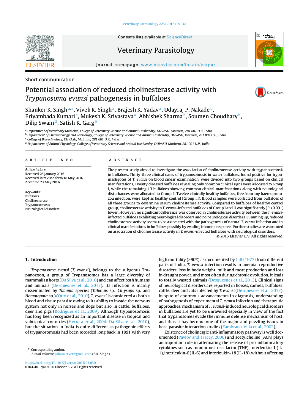 Potential association of reduced cholinesterase activity with Trypanosoma evansi pathogenesis in buffaloes