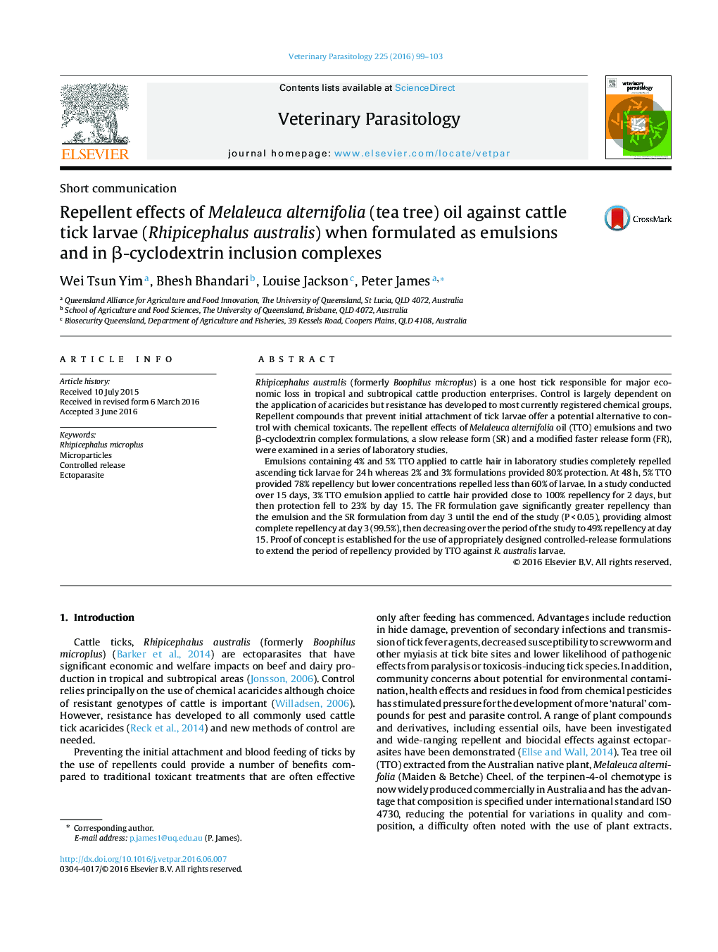 Repellent effects of Melaleuca alternifolia (tea tree) oil against cattle tick larvae (Rhipicephalus australis) when formulated as emulsions and in Î²-cyclodextrin inclusion complexes