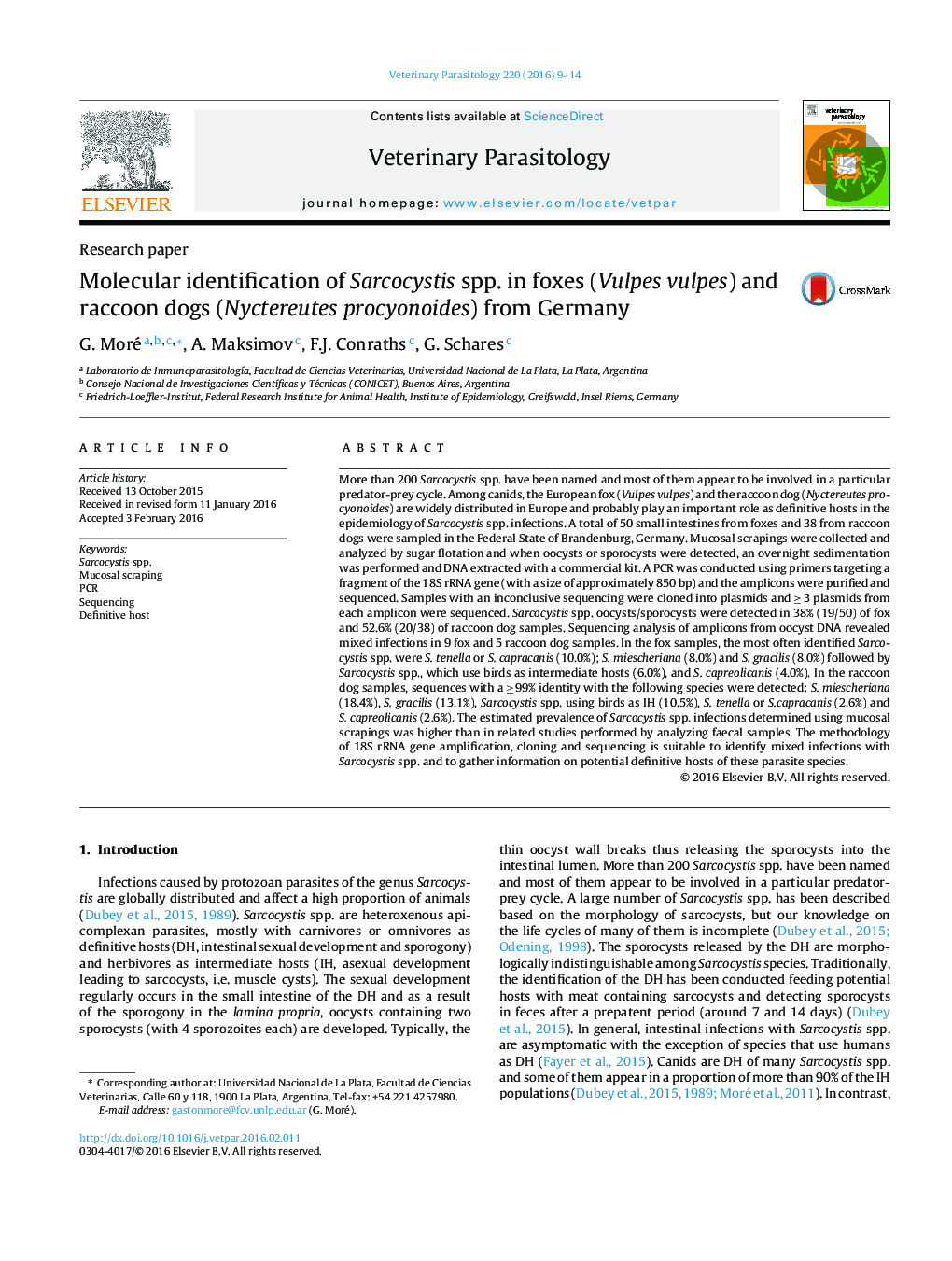 Molecular identification of Sarcocystis spp. in foxes (Vulpes vulpes) and raccoon dogs (Nyctereutes procyonoides) from Germany