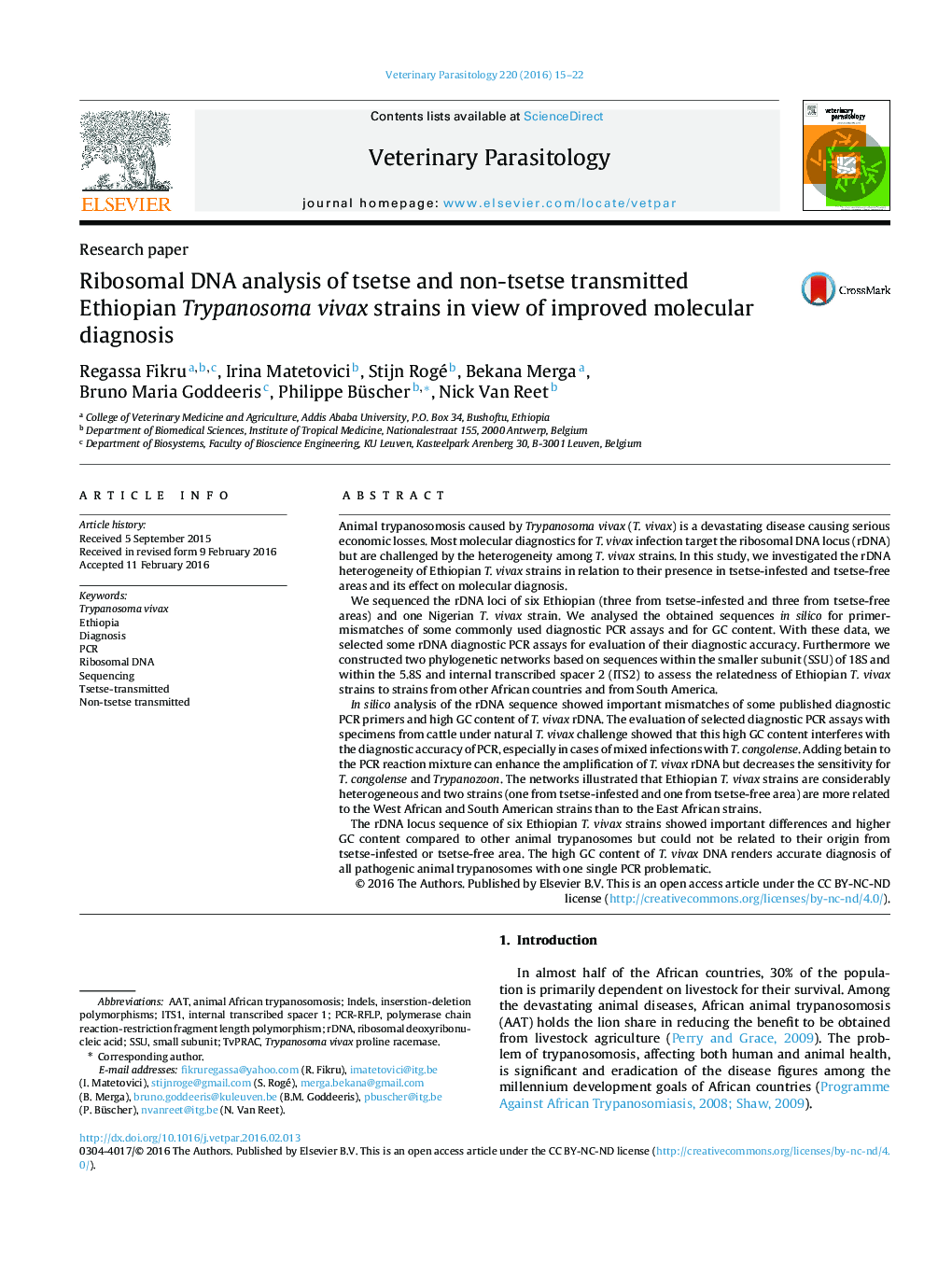 Ribosomal DNA analysis of tsetse and non-tsetse transmitted Ethiopian Trypanosoma vivax strains in view of improved molecular diagnosis