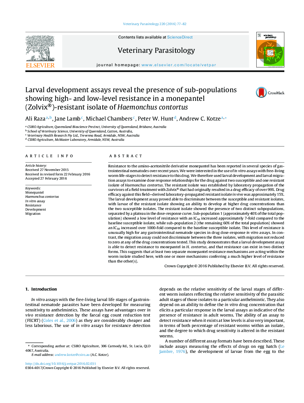 Larval development assays reveal the presence of sub-populations showing high- and low-level resistance in a monepantel (Zolvix®)-resistant isolate of Haemonchus contortus