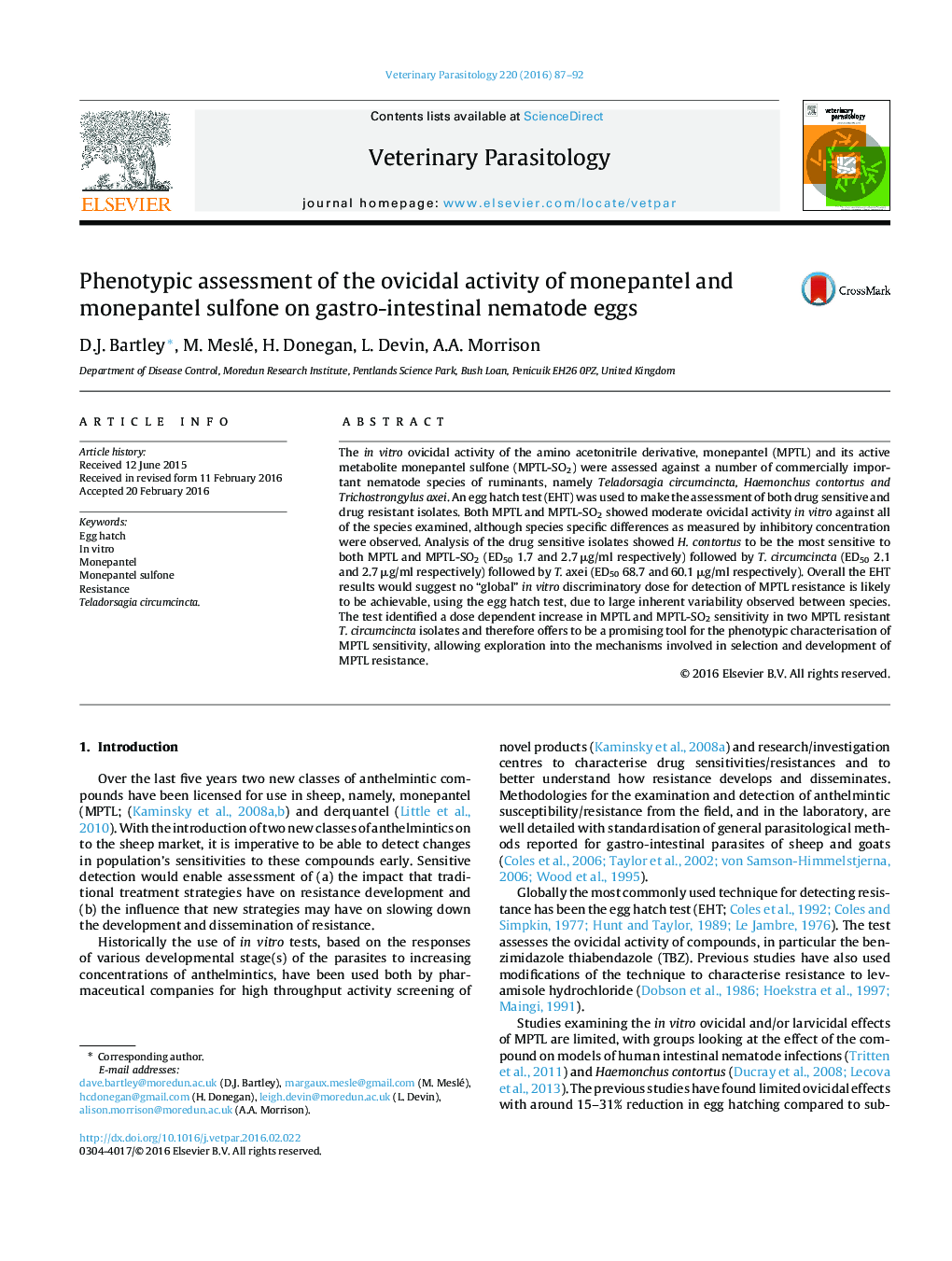 Phenotypic assessment of the ovicidal activity of monepantel and monepantel sulfone on gastro-intestinal nematode eggs