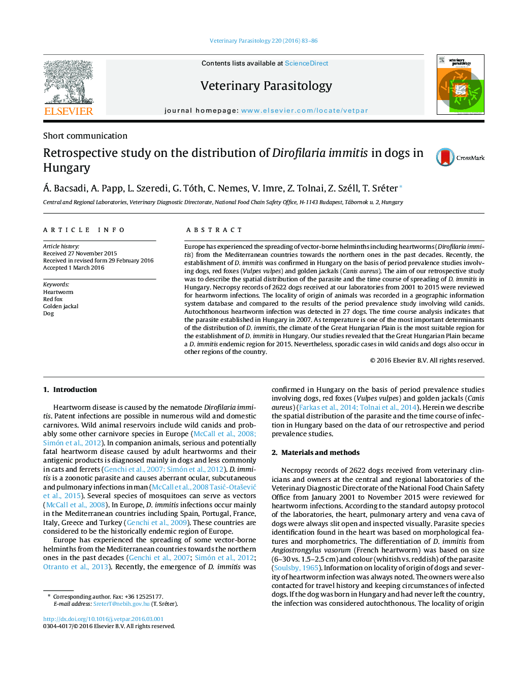 Retrospective study on the distribution of Dirofilaria immitis in dogs in Hungary