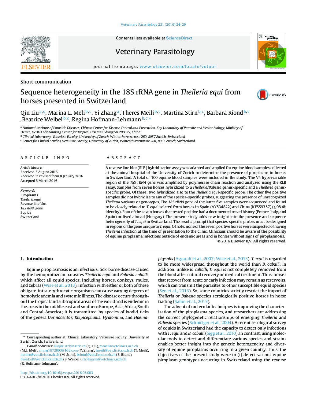 Sequence heterogeneity in the 18S rRNA gene in Theileria equi from horses presented in Switzerland