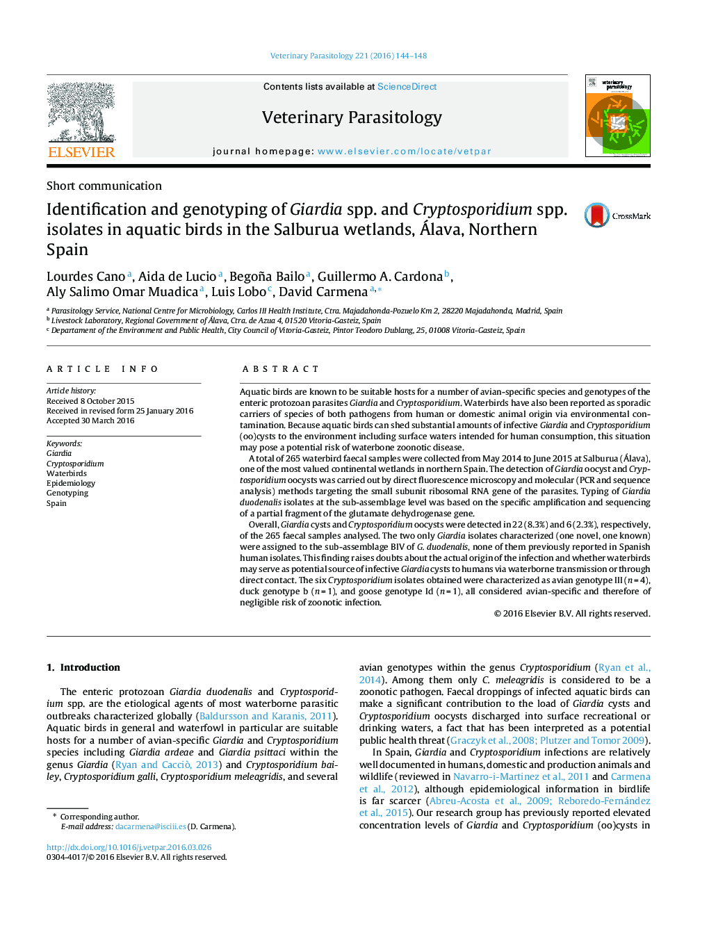 Identification and genotyping of Giardia spp. and Cryptosporidium spp. isolates in aquatic birds in the Salburua wetlands, Álava, Northern Spain