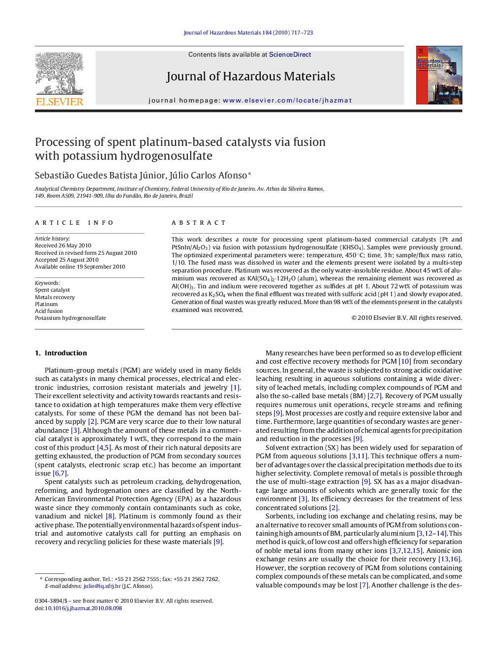 Processing of spent platinum-based catalysts via fusion with potassium hydrogenosulfate