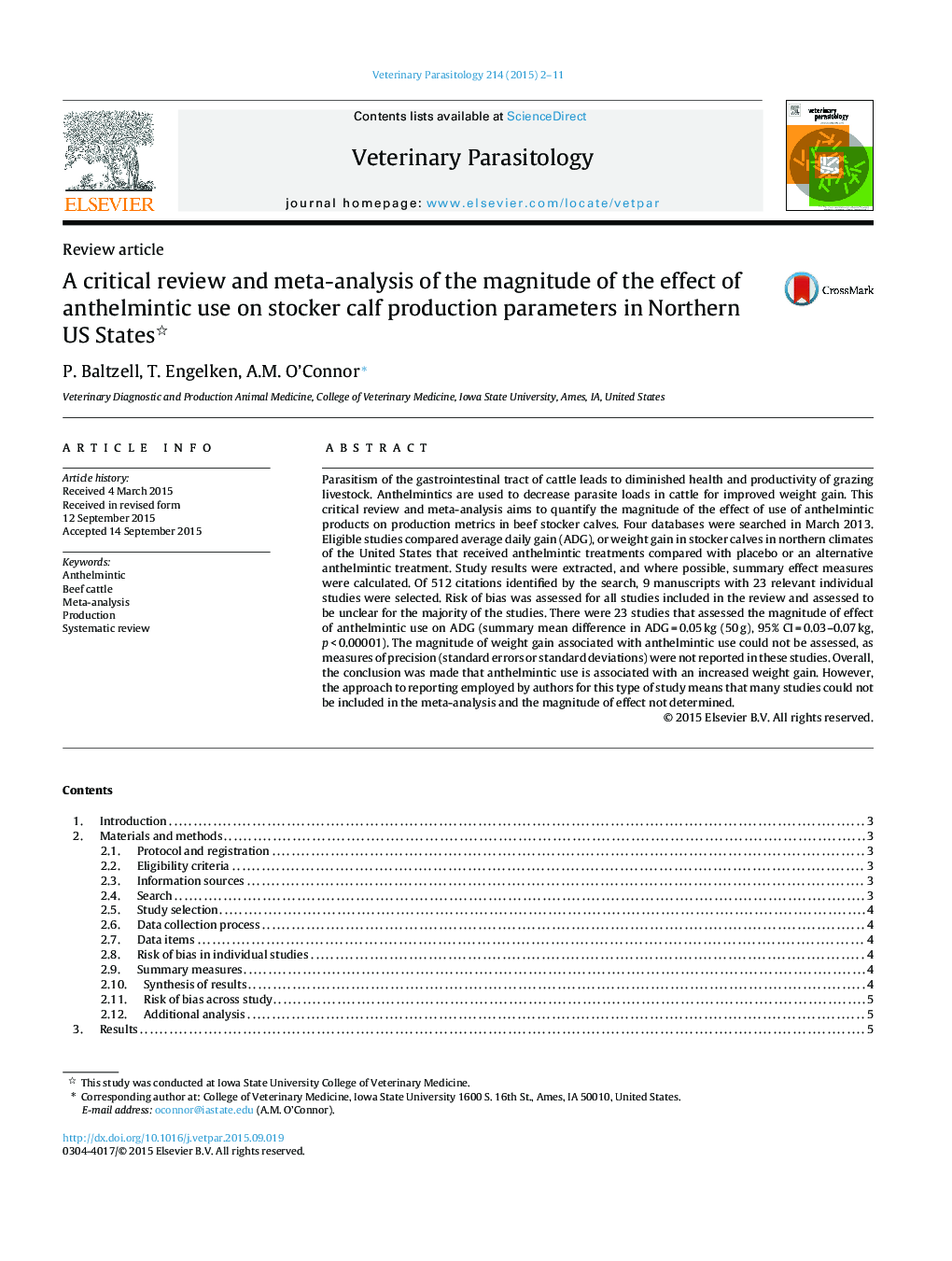 A critical review and meta-analysis of the magnitude of the effect of anthelmintic use on stocker calf production parameters in Northern US States