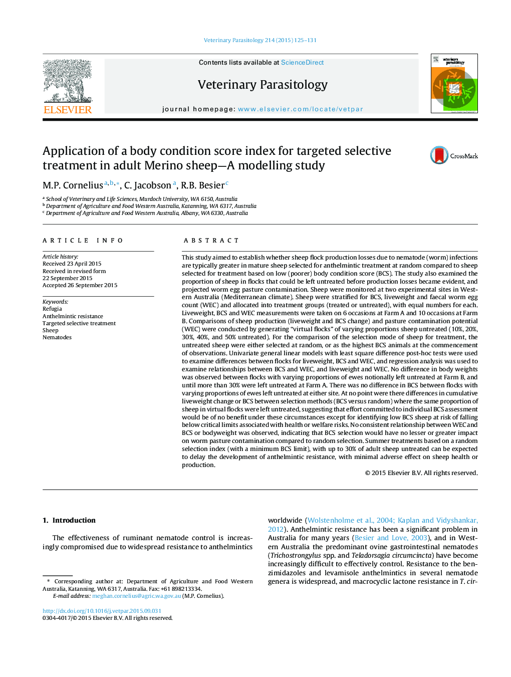 Application of a body condition score index for targeted selective treatment in adult Merino sheep-A modelling study