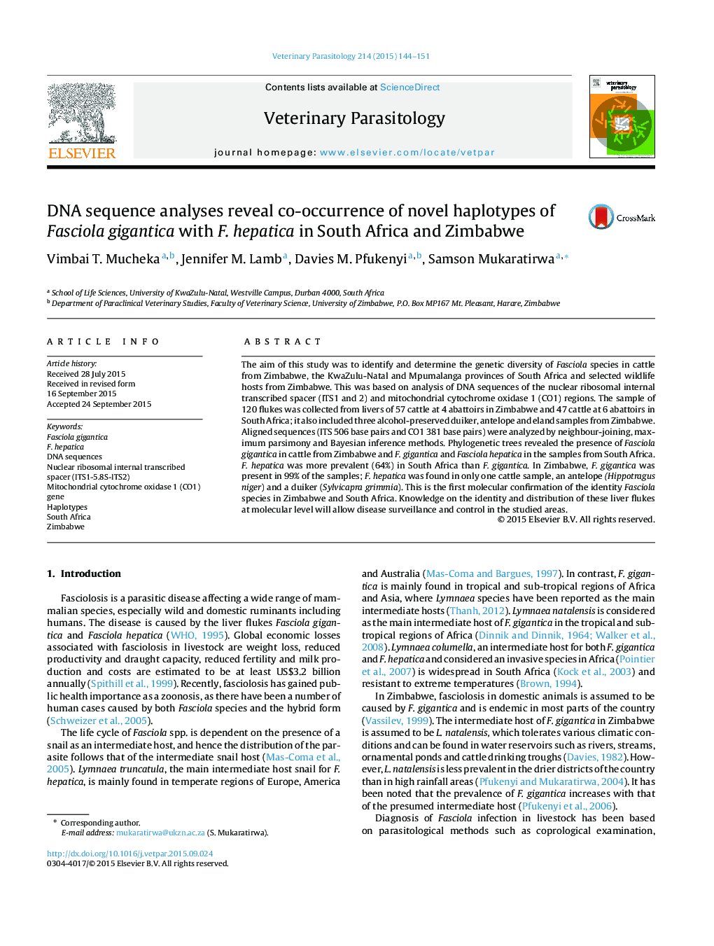 DNA sequence analyses reveal co-occurrence of novel haplotypes of Fasciola gigantica with F. hepatica in South Africa and Zimbabwe