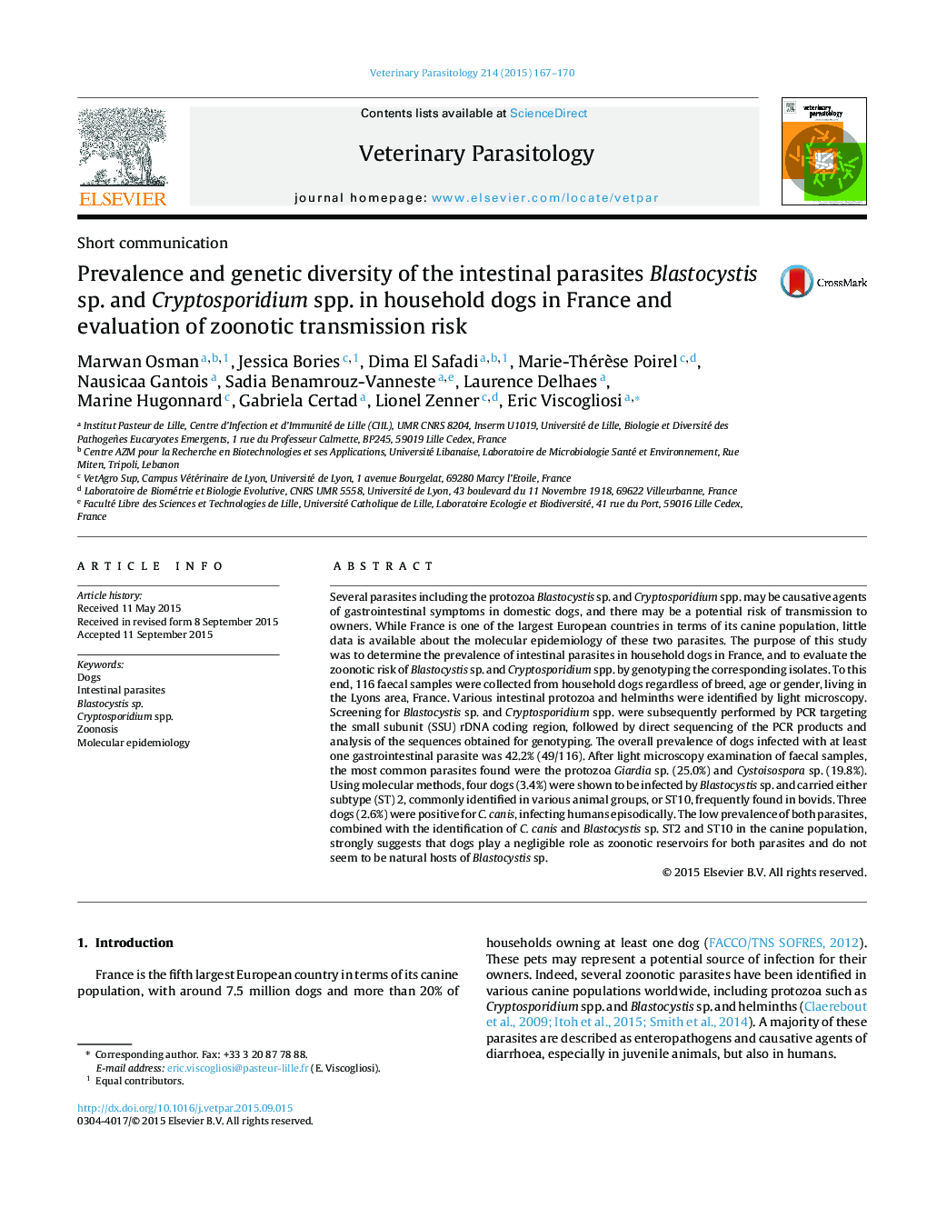 Prevalence and genetic diversity of the intestinal parasites Blastocystis sp. and Cryptosporidium spp. in household dogs in France and evaluation of zoonotic transmission risk