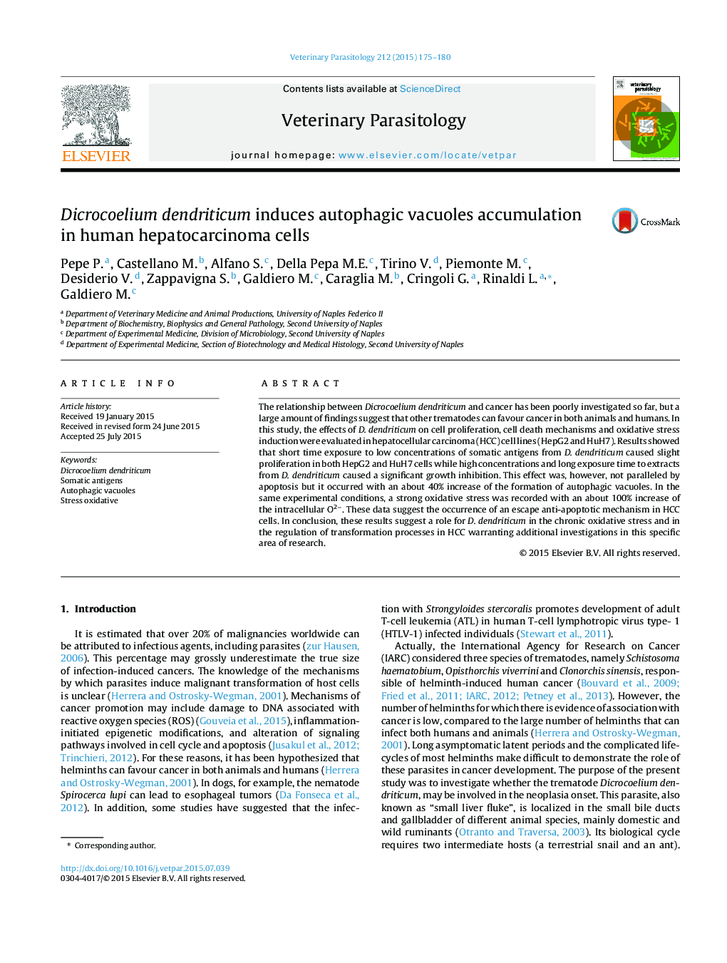 Dicrocoelium dendriticum induces autophagic vacuoles accumulation in human hepatocarcinoma cells