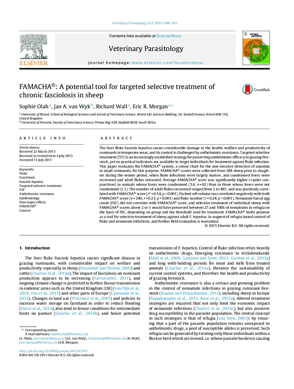 FAMACHA©: A potential tool for targeted selective treatment of chronic fasciolosis in sheep