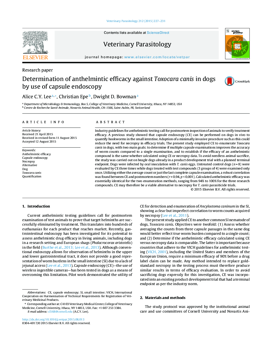 Determination of anthelmintic efficacy against Toxocara canis in dogs by use of capsule endoscopy