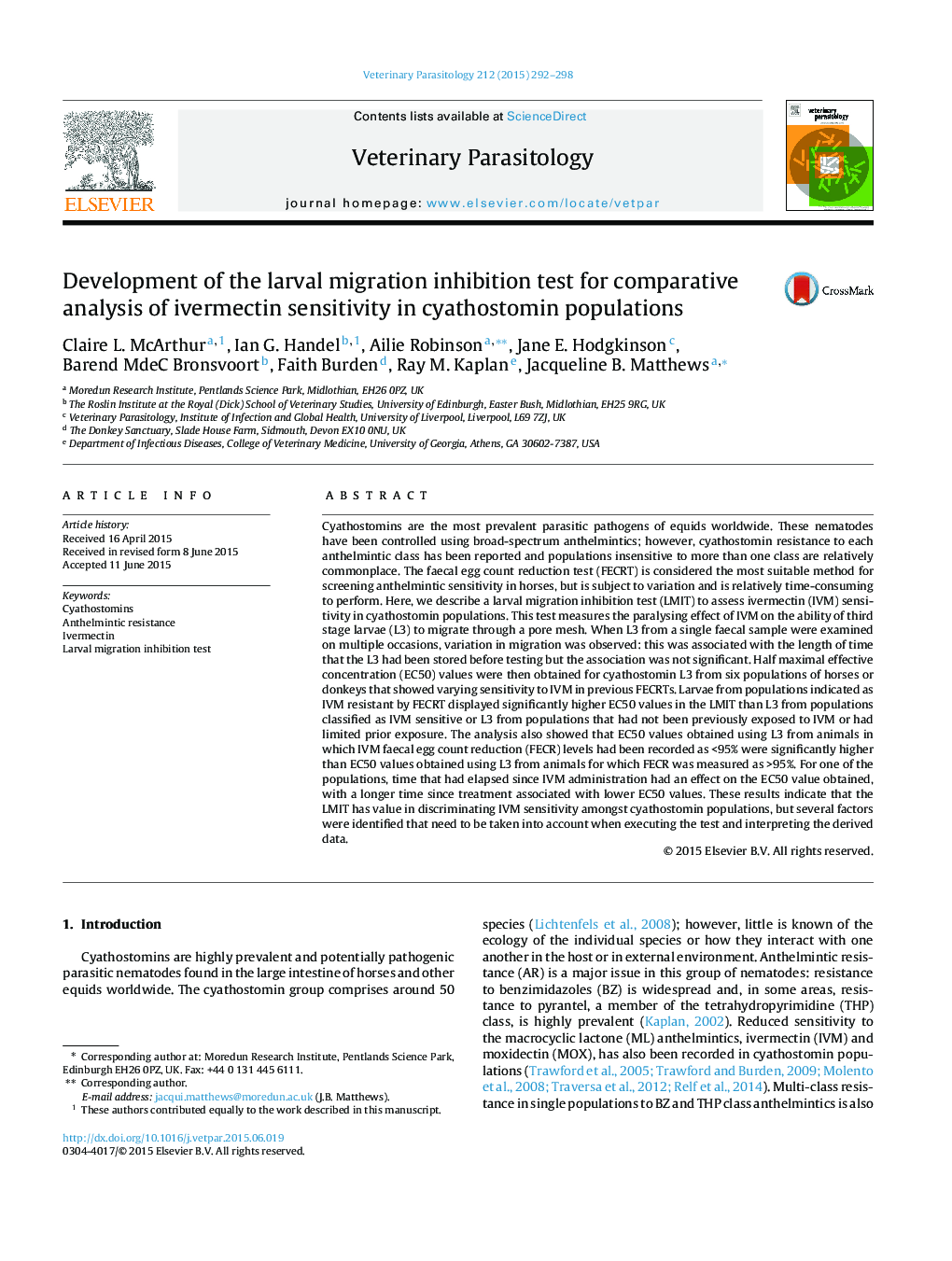 Development of the larval migration inhibition test for comparative analysis of ivermectin sensitivity in cyathostomin populations