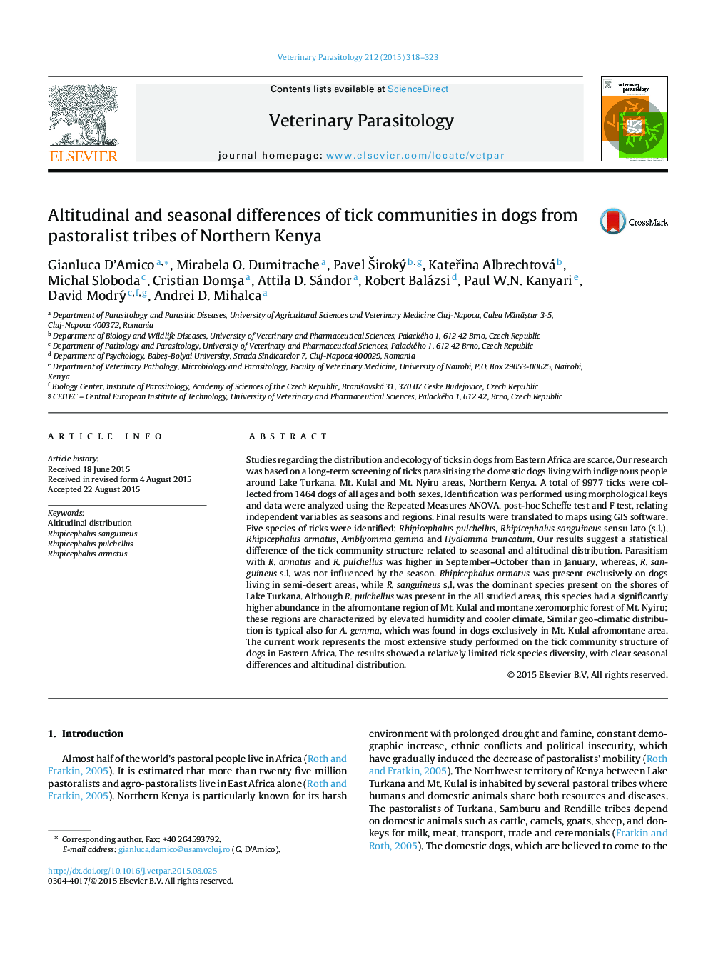 Altitudinal and seasonal differences of tick communities in dogs from pastoralist tribes of Northern Kenya