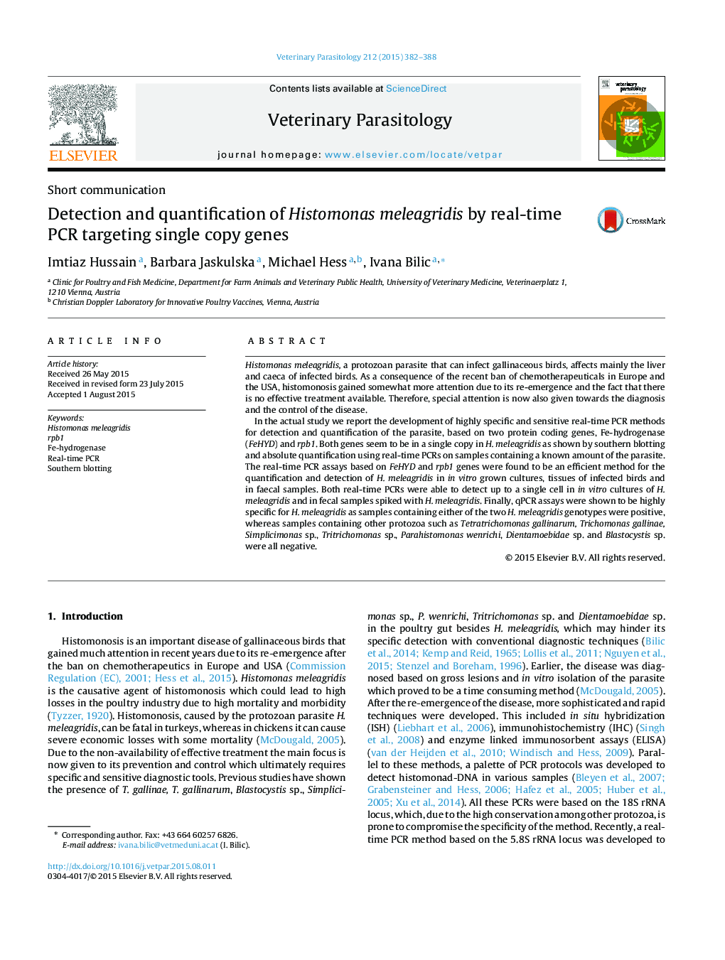 Detection and quantification of Histomonas meleagridis by real-time PCR targeting single copy genes