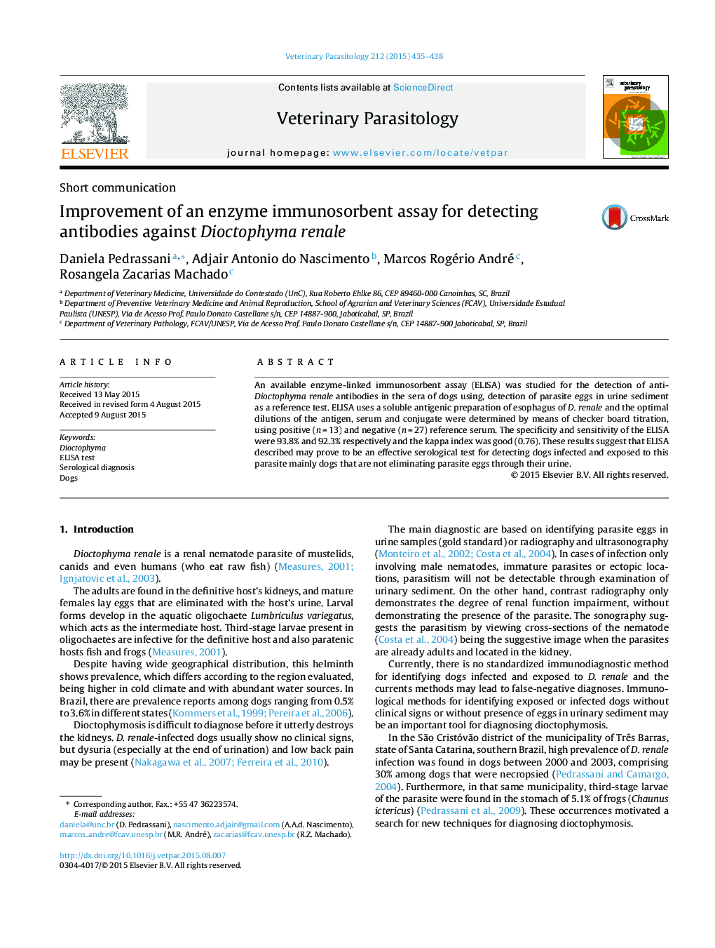 Improvement of an enzyme immunosorbent assay for detecting antibodies against Dioctophyma renale