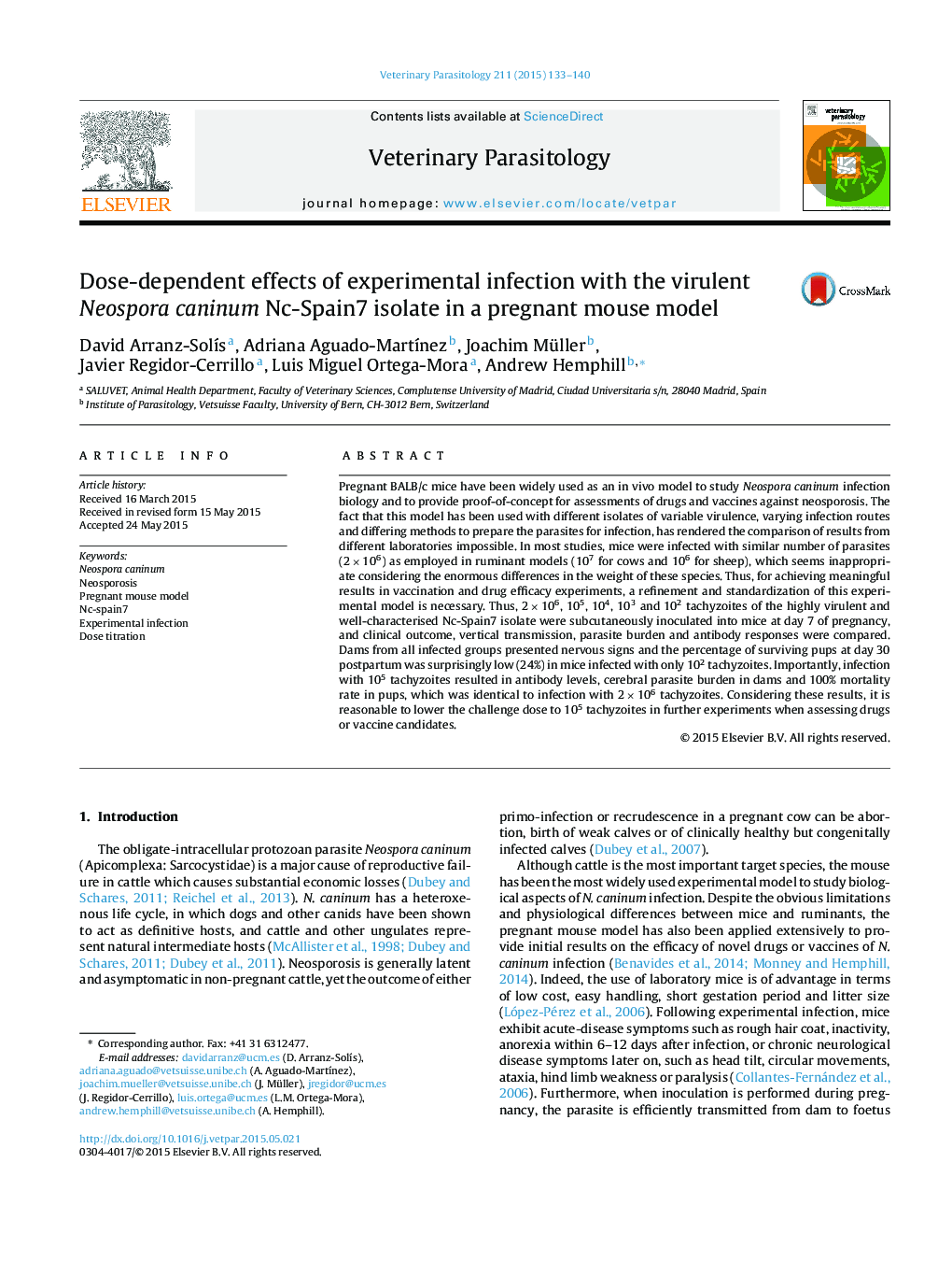 Dose-dependent effects of experimental infection with the virulent Neospora caninum Nc-Spain7 isolate in a pregnant mouse model