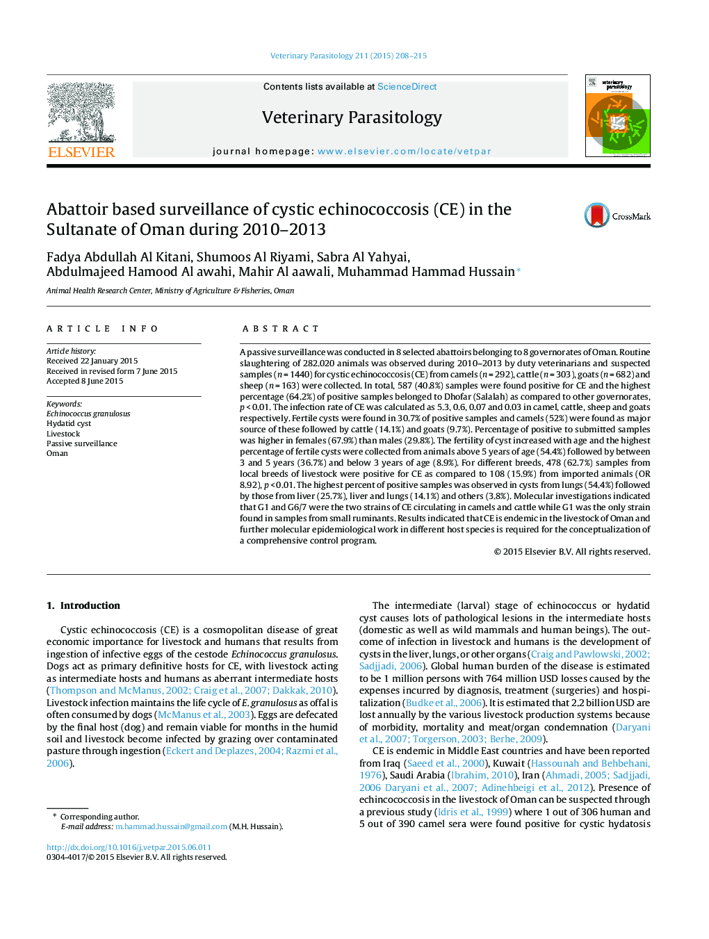 Abattoir based surveillance of cystic echinococcosis (CE) in the Sultanate of Oman during 2010-2013