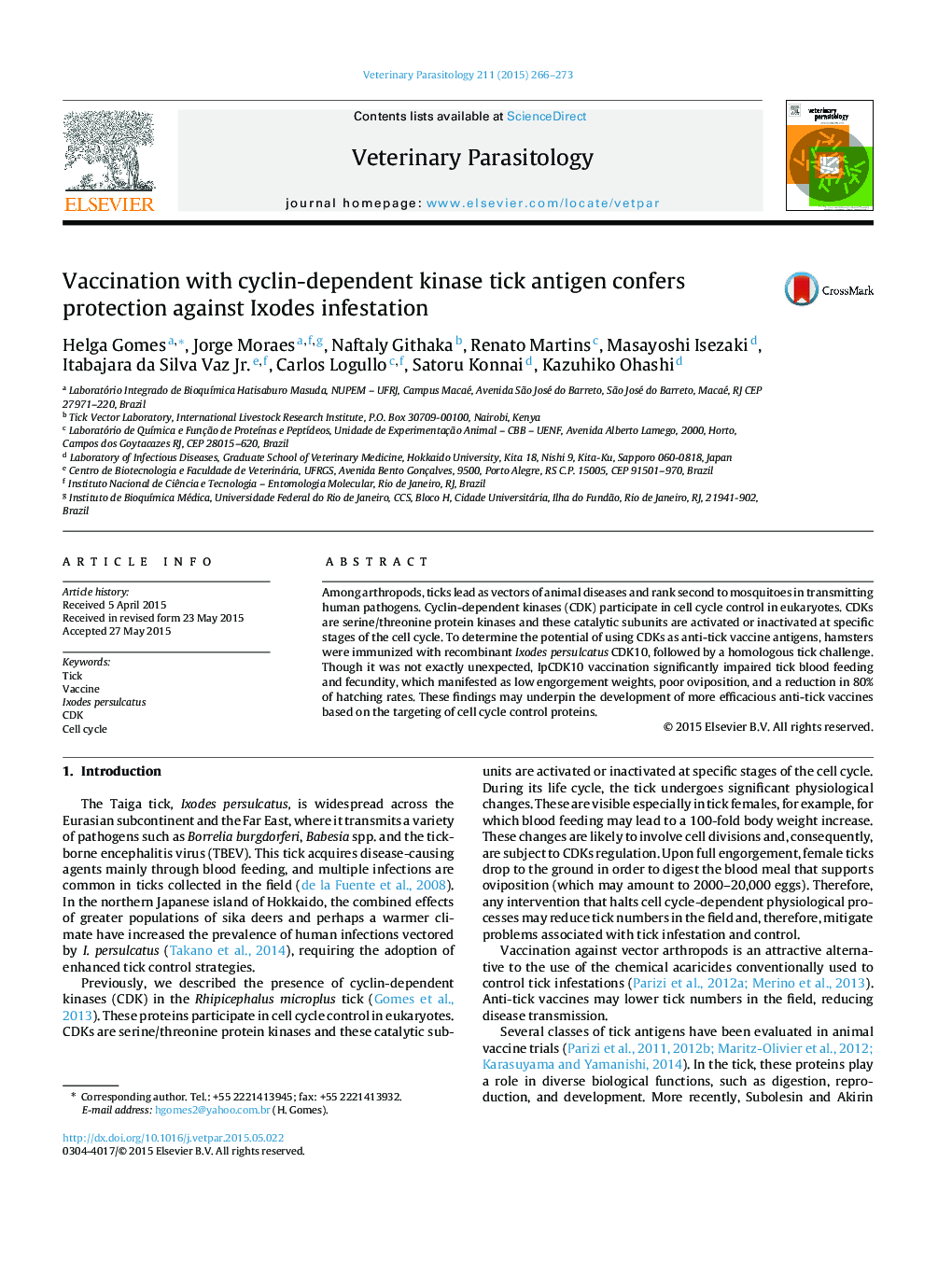 Vaccination with cyclin-dependent kinase tick antigen confers protection against Ixodes infestation