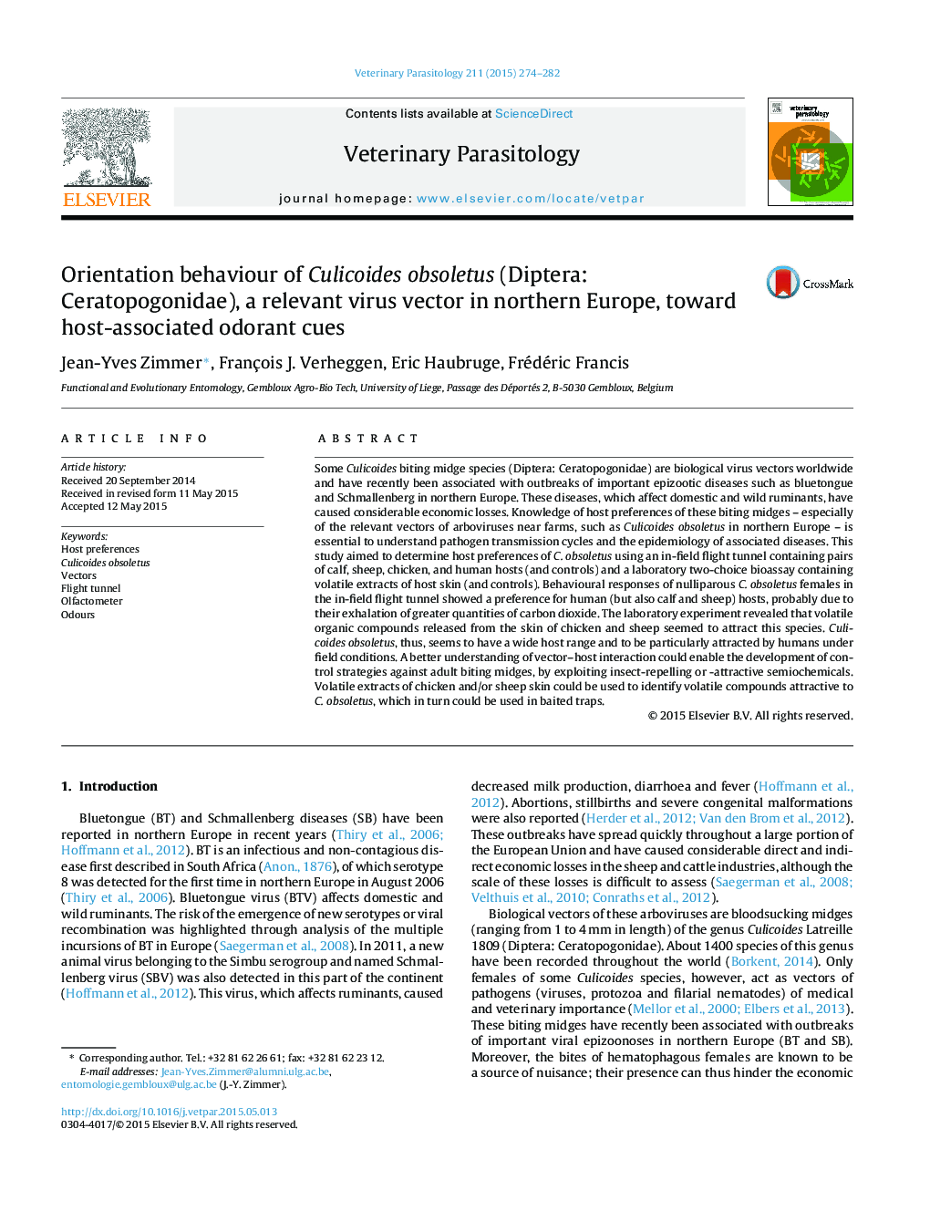 Orientation behaviour of Culicoides obsoletus (Diptera: Ceratopogonidae), a relevant virus vector in northern Europe, toward host-associated odorant cues