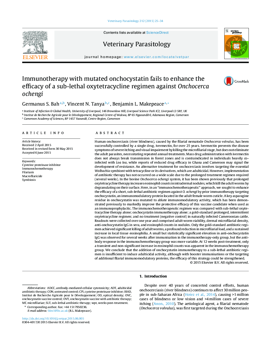 Immunotherapy with mutated onchocystatin fails to enhance the efficacy of a sub-lethal oxytetracycline regimen against Onchocerca ochengi