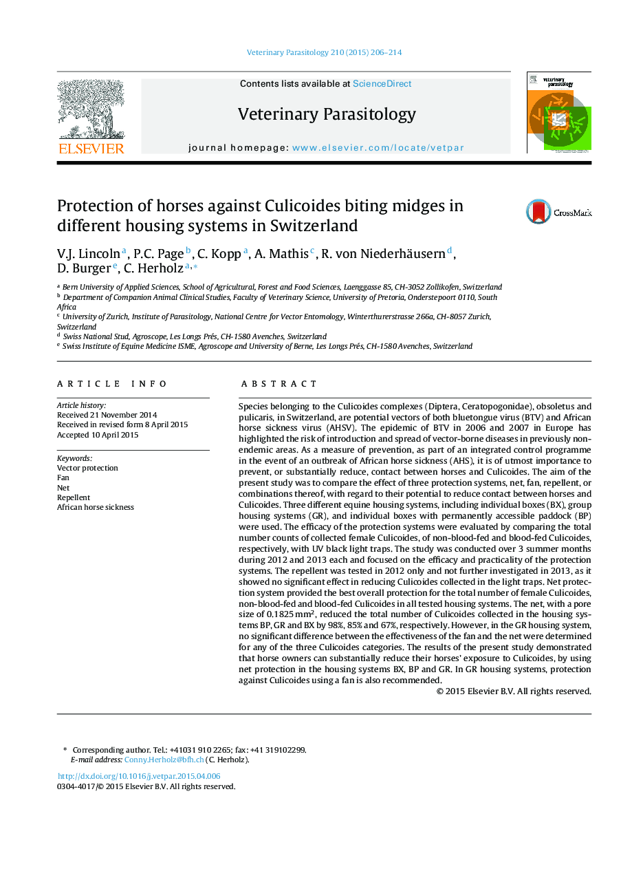 Protection of horses against Culicoides biting midges in different housing systems in Switzerland