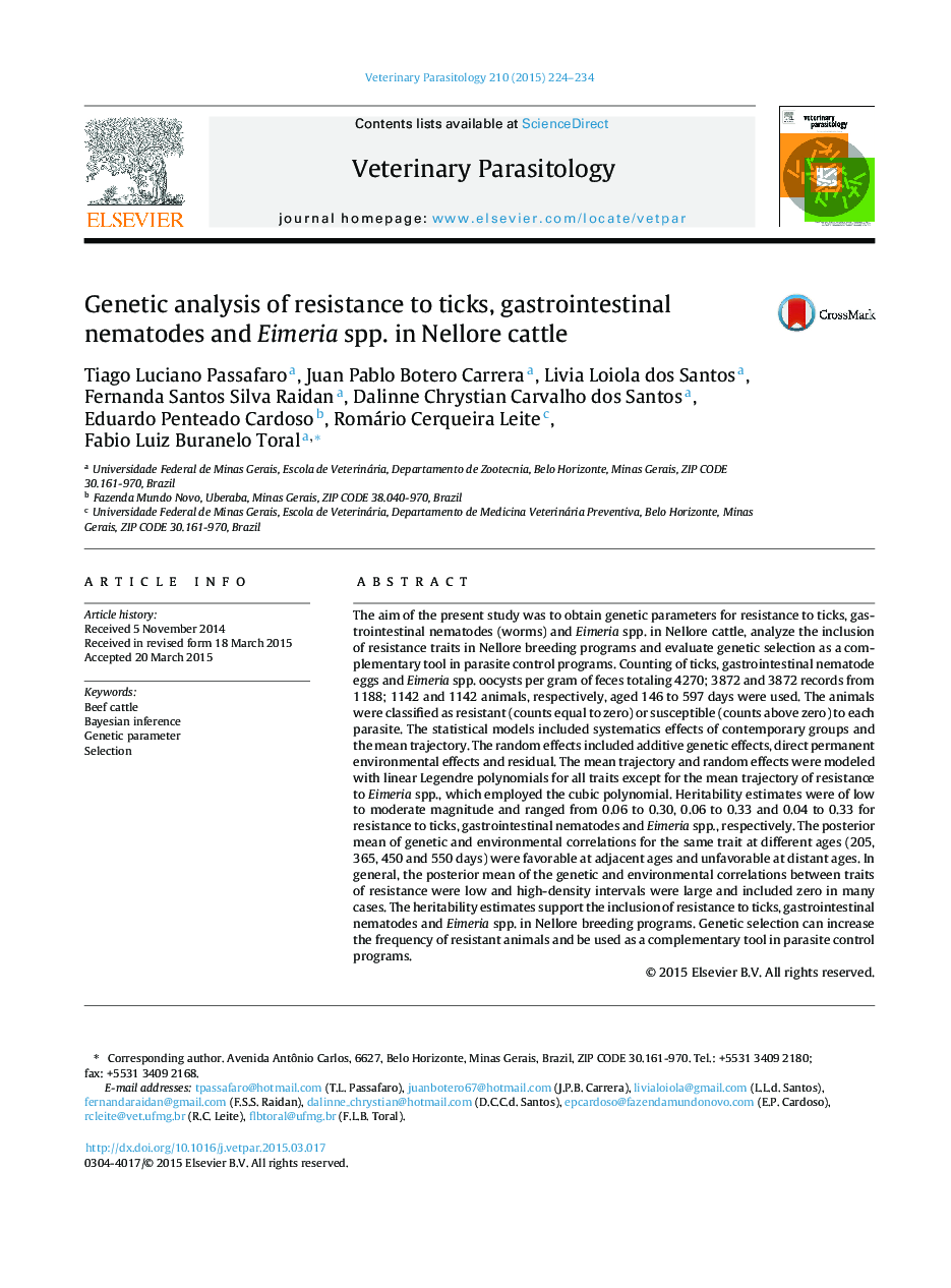 Genetic analysis of resistance to ticks, gastrointestinal nematodes and Eimeria spp. in Nellore cattle