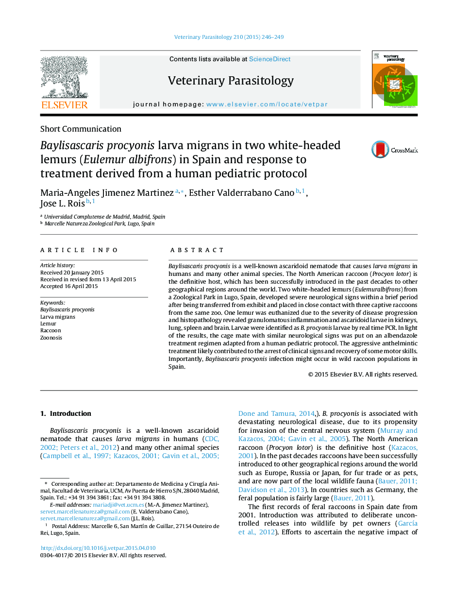 Baylisascaris procyonis larva migrans in two white-headed lemurs (Eulemur albifrons) in Spain and response to treatment derived from a human pediatric protocol