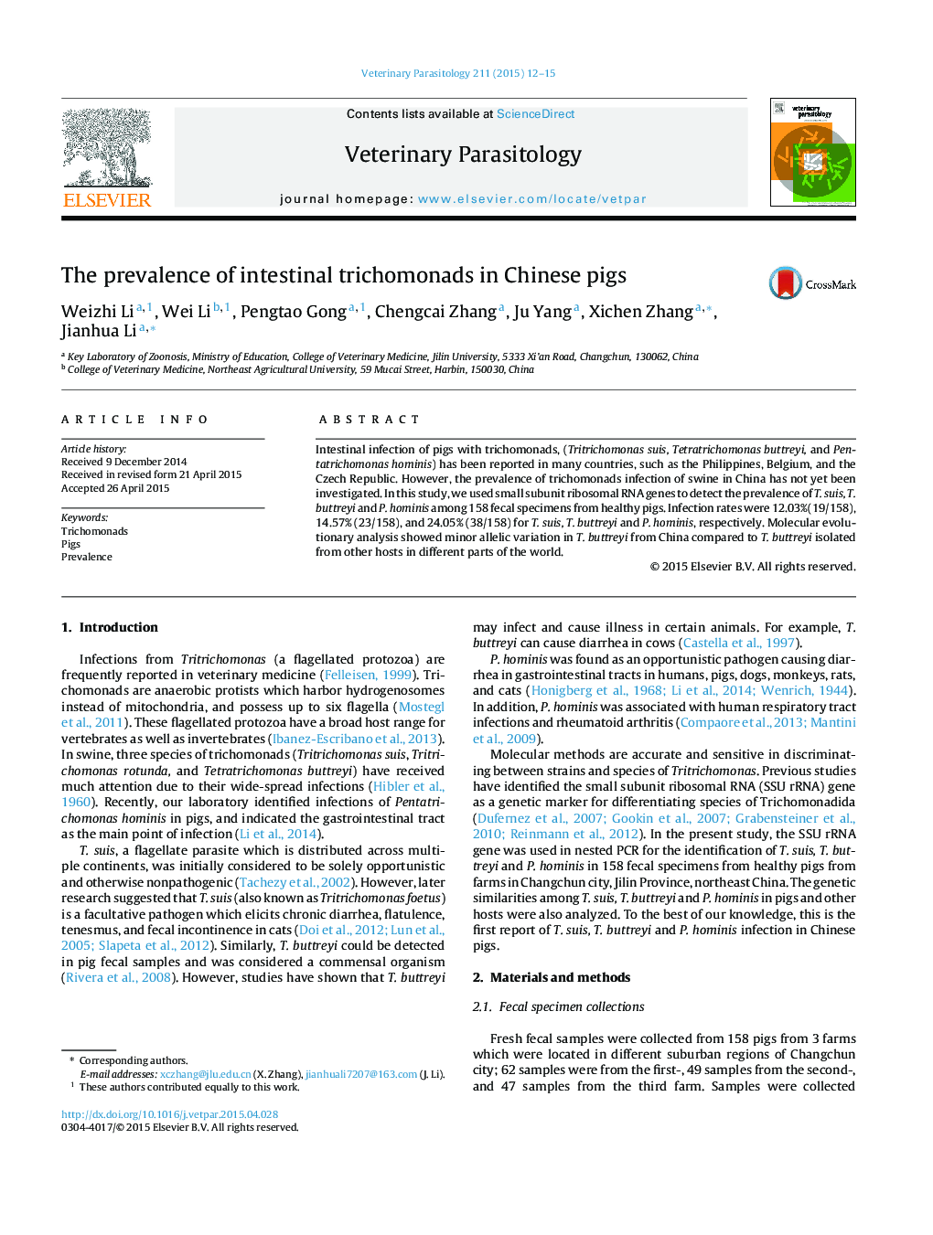 The prevalence of intestinal trichomonads in Chinese pigs