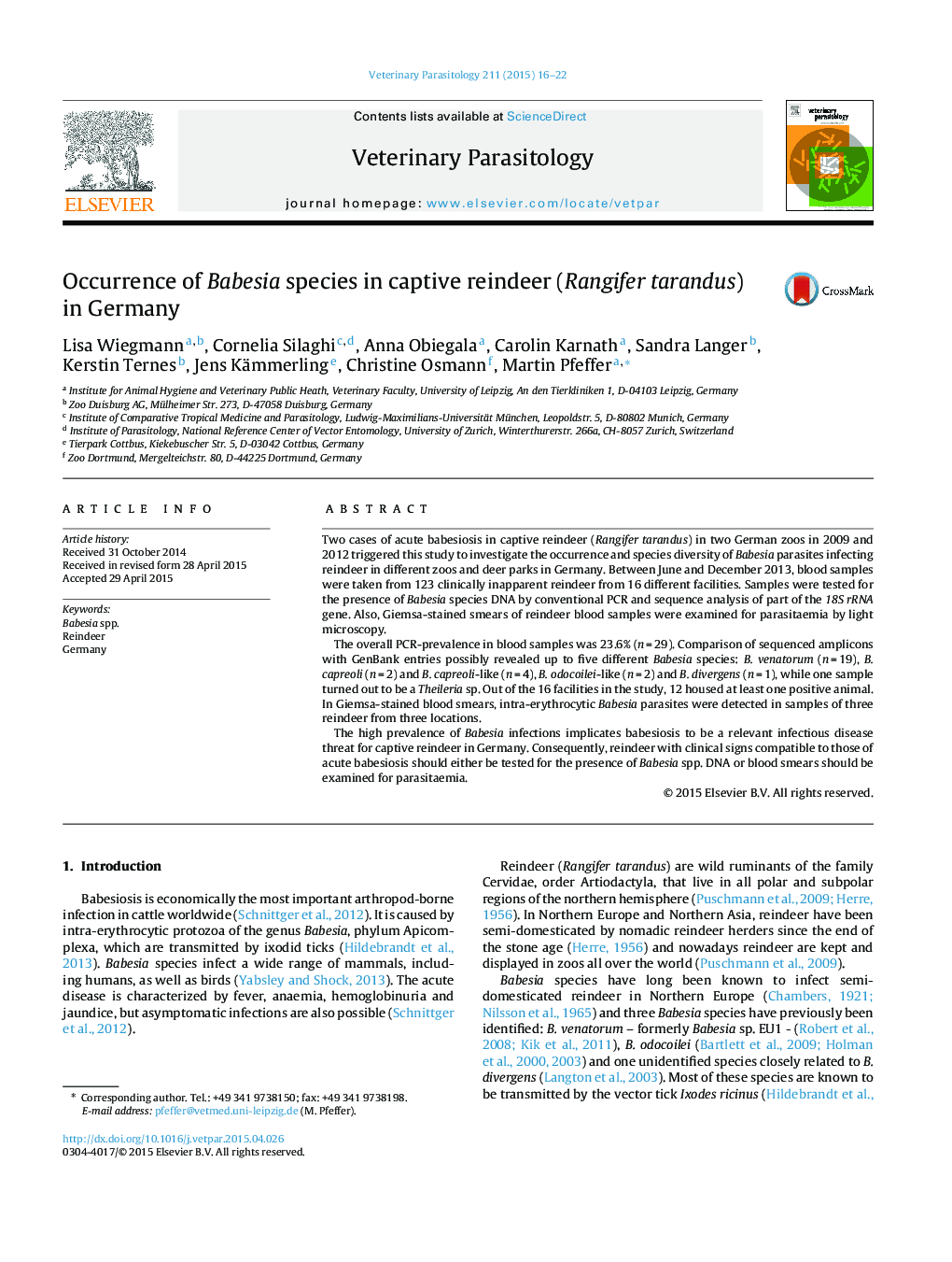 Occurrence of Babesia species in captive reindeer (Rangifer tarandus) in Germany