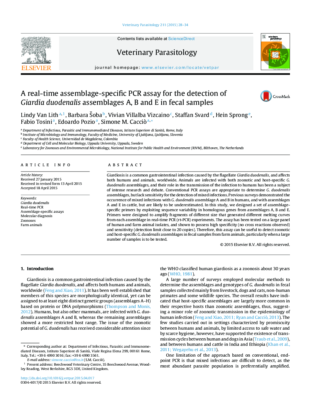 A real-time assemblage-specific PCR assay for the detection of Giardia duodenalis assemblages A, B and E in fecal samples