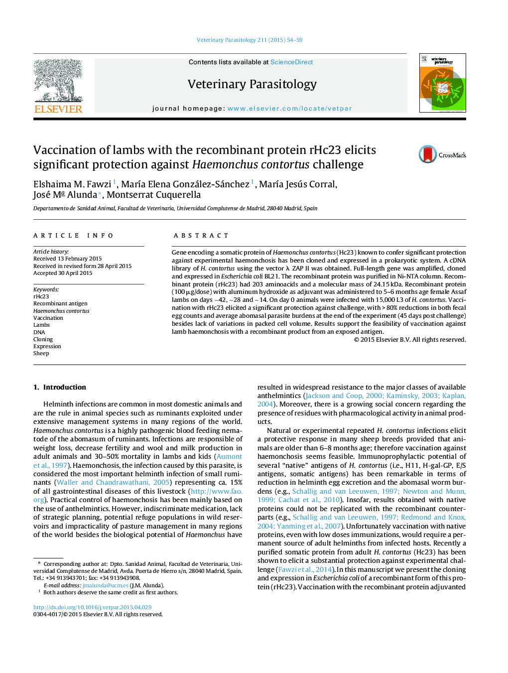 عکس صفحه اول مقاله: Vaccination of lambs with the recombinant protein rHc23 elicits significant protection against Haemonchus contortus challenge Vaccination of lambs with the recombinant protein rHc23 elicits significant protection against Haemonchus contortus challenge