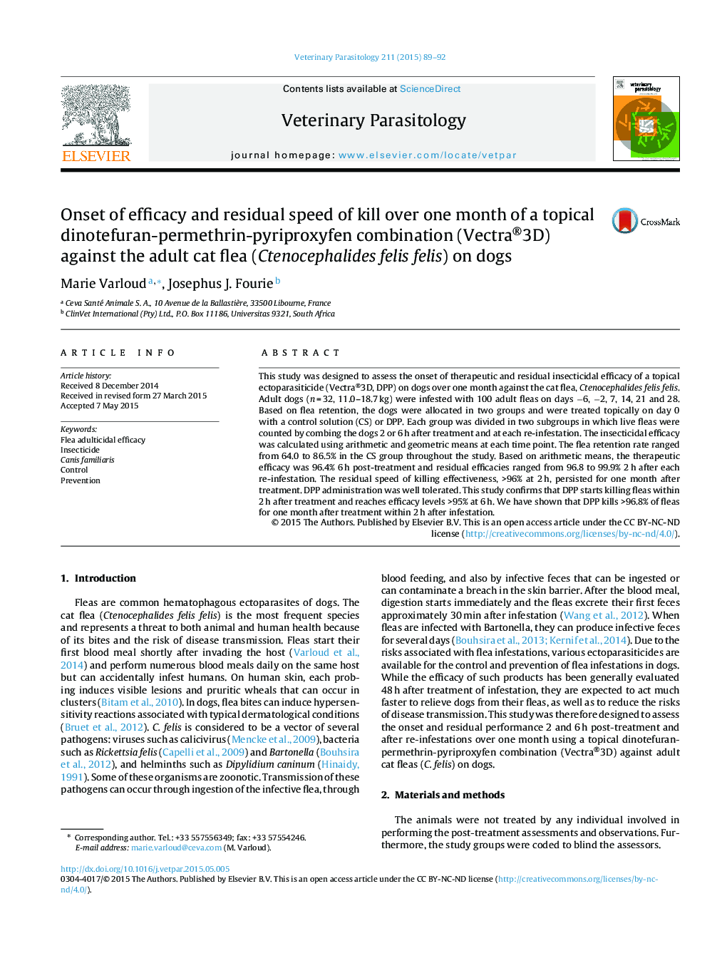 Onset of efficacy and residual speed of kill over one month of a topical dinotefuran-permethrin-pyriproxyfen combination (Vectra®3D) against the adult cat flea (Ctenocephalides felis felis) on dogs