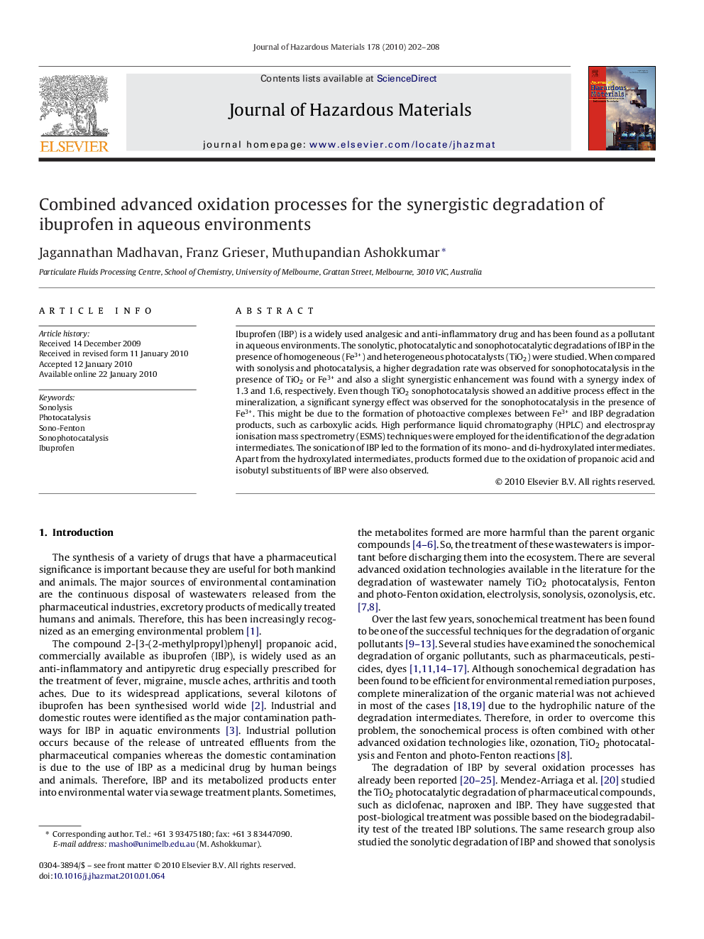 Combined advanced oxidation processes for the synergistic degradation of ibuprofen in aqueous environments