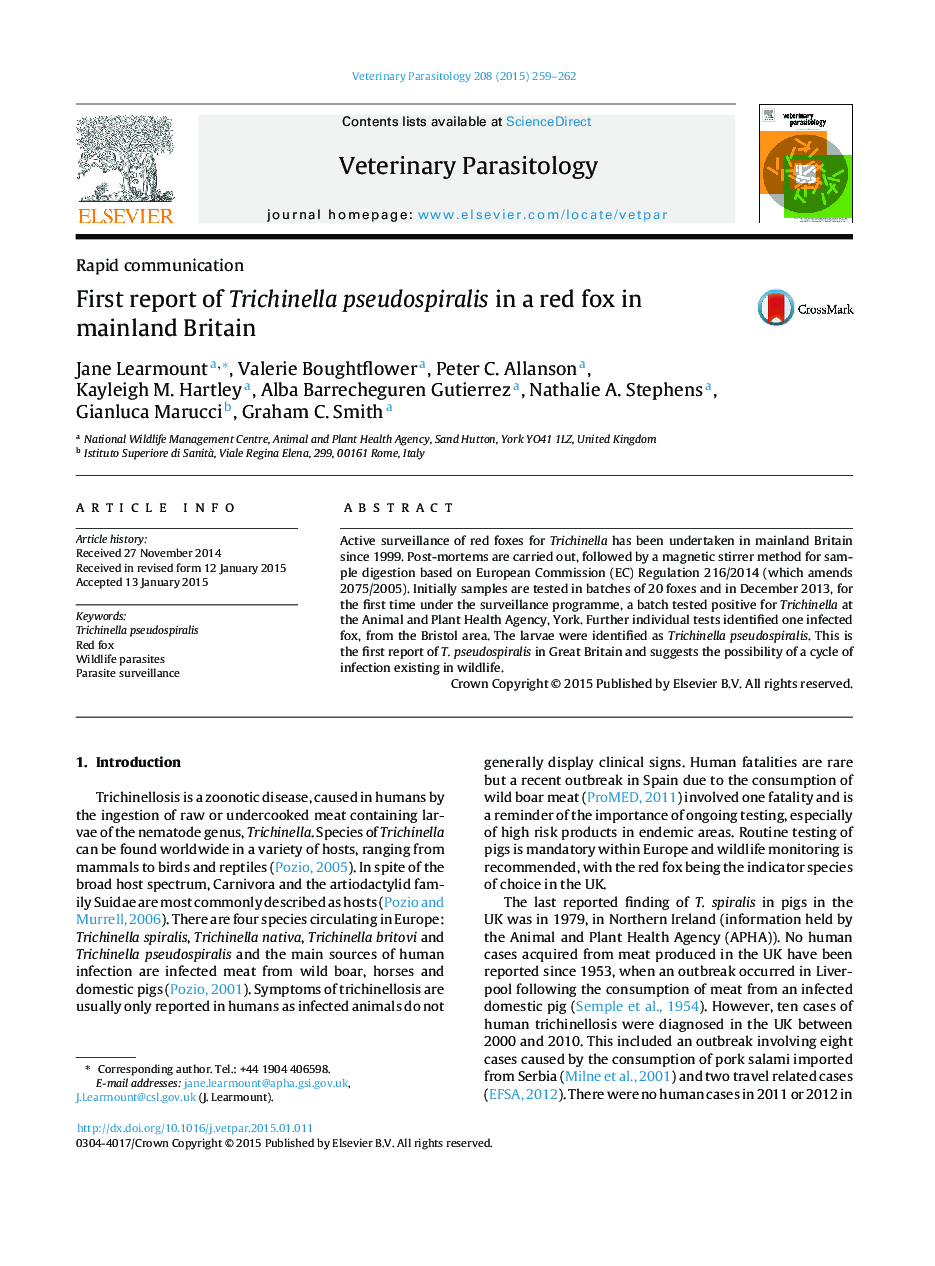 First report of Trichinella pseudospiralis in a red fox in mainland Britain