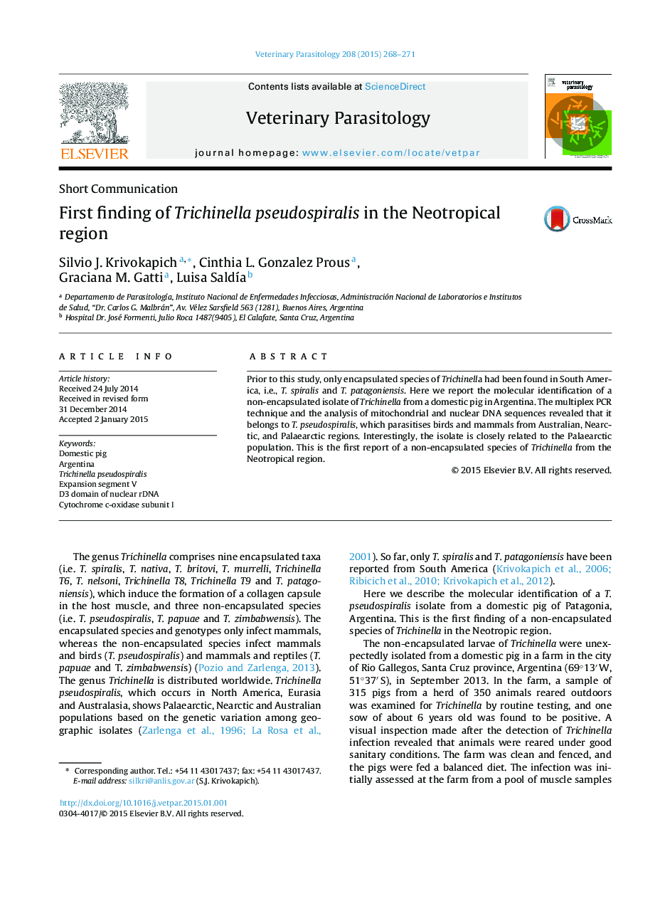 First finding of Trichinella pseudospiralis in the Neotropical region