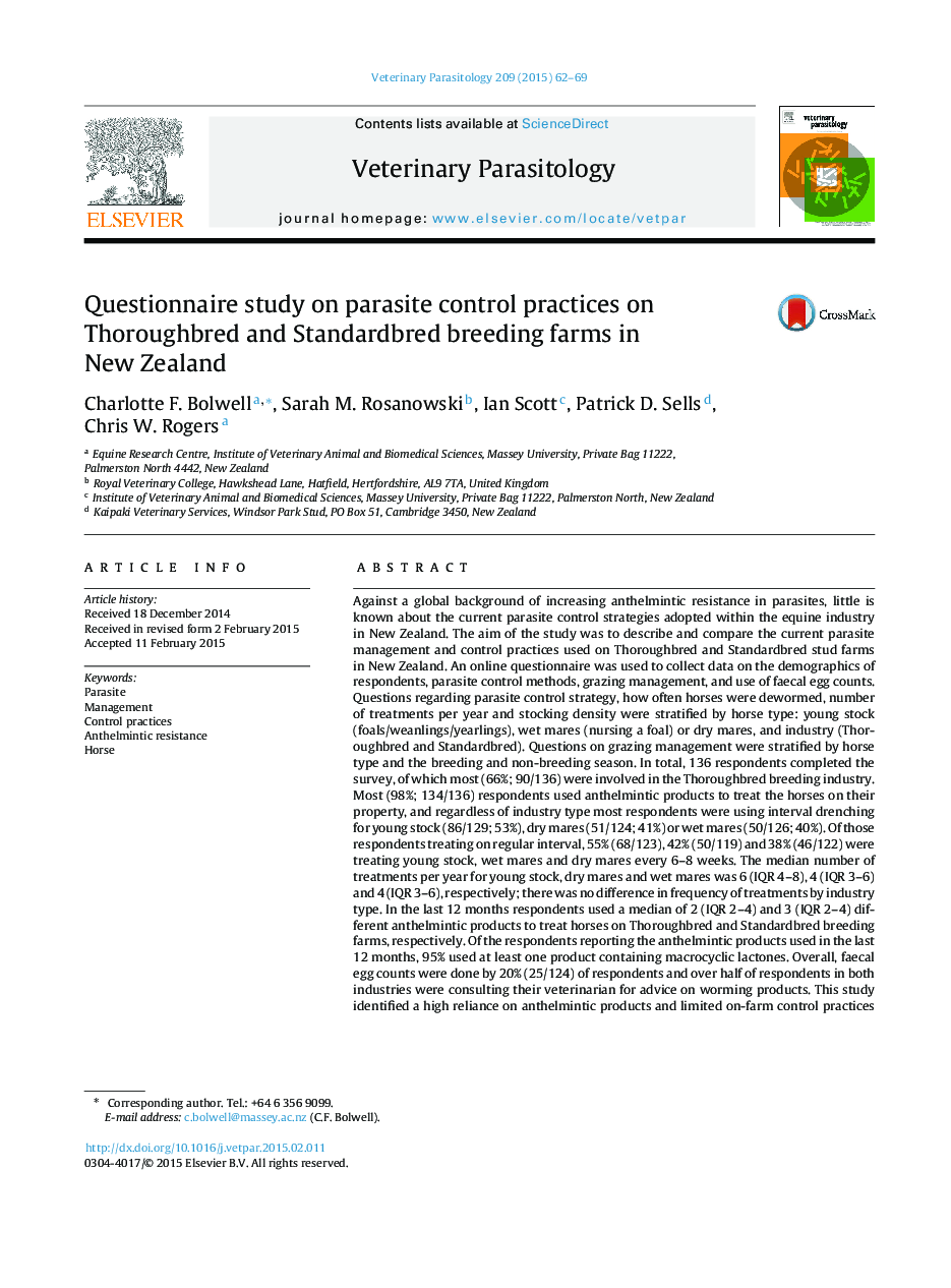 پرسشنامه ای در مورد شیوه های کنترل انگل در مزارع پرورش شپشه و استاندارد ببر در نیوزیلند 