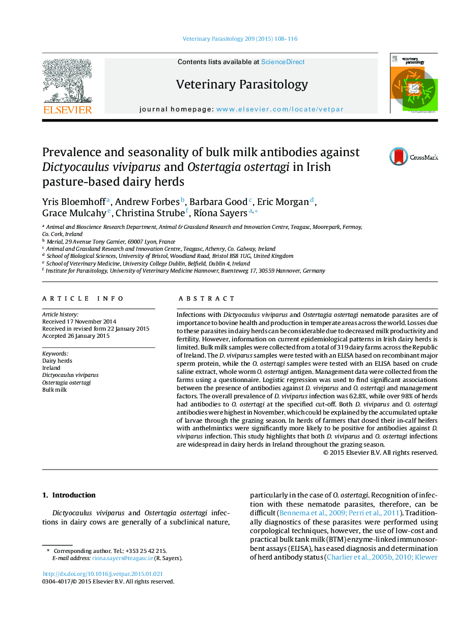 Prevalence and seasonality of bulk milk antibodies against Dictyocaulus viviparus and Ostertagia ostertagi in Irish pasture-based dairy herds