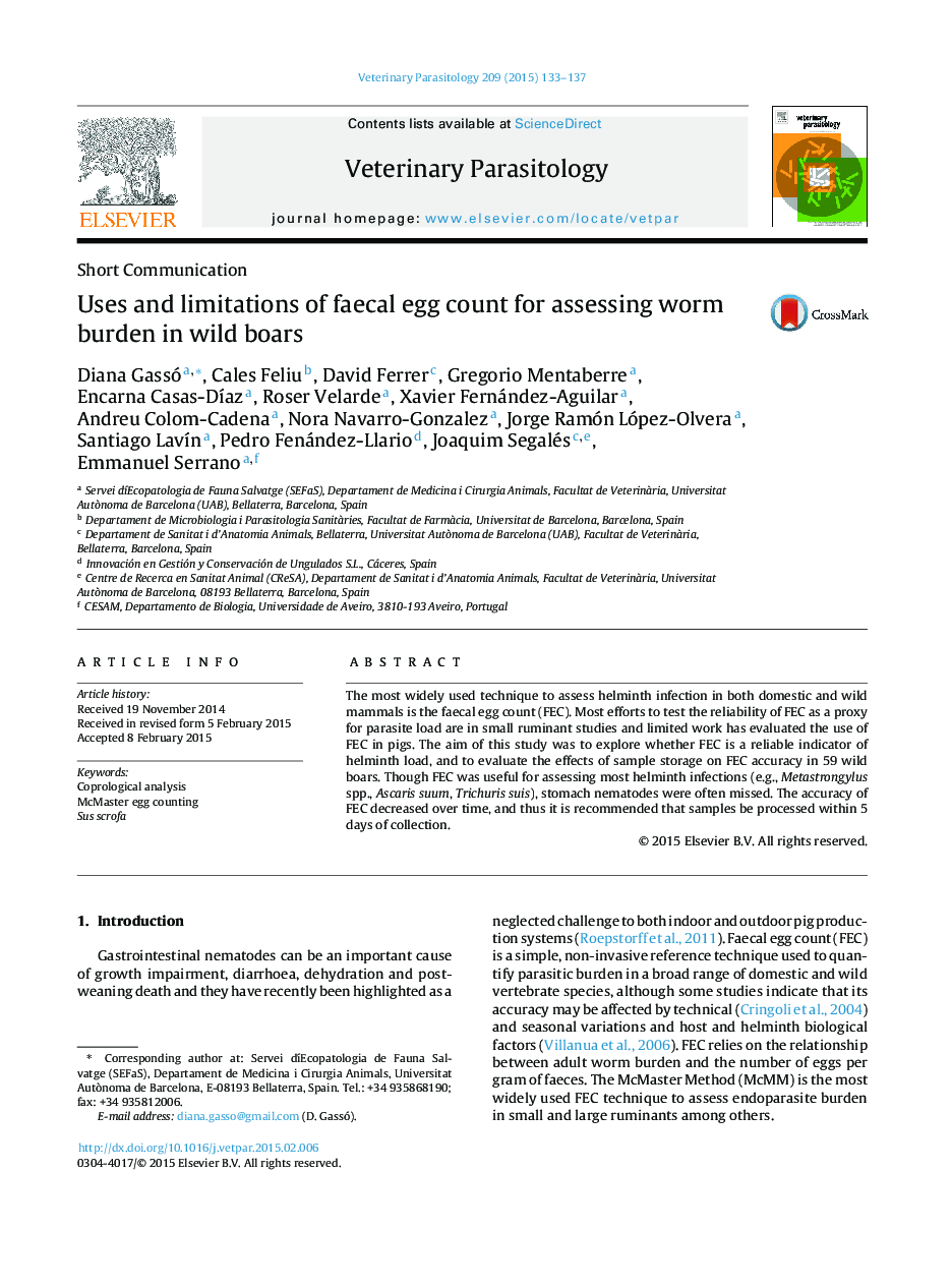 Uses and limitations of faecal egg count for assessing worm burden in wild boars