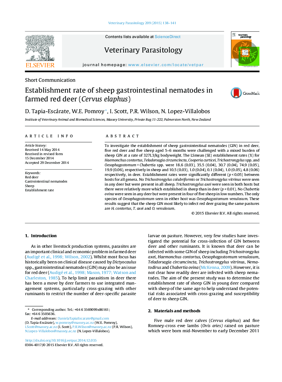 Establishment rate of sheep gastrointestinal nematodes in farmed red deer (Cervus elaphus)