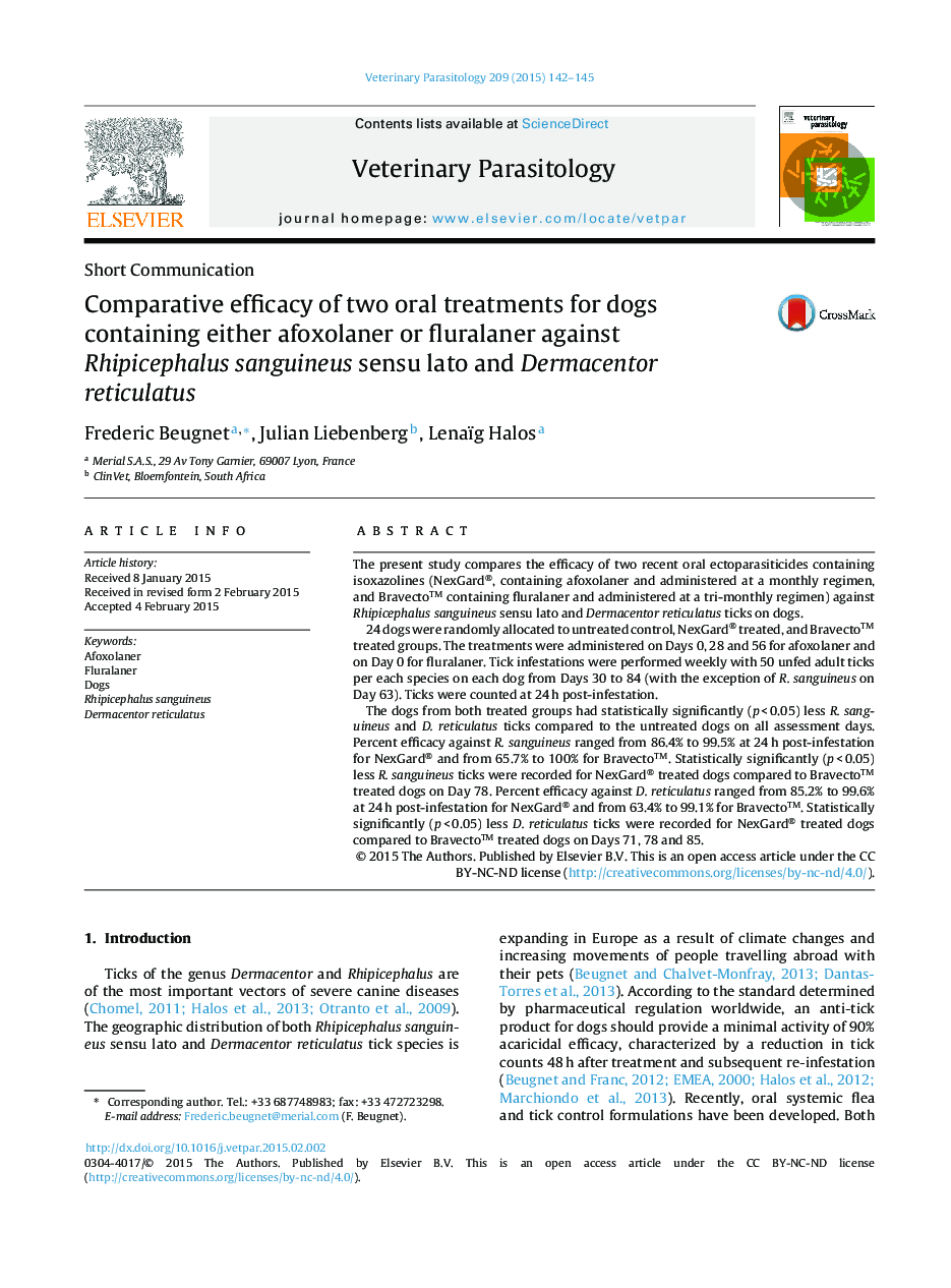 Comparative efficacy of two oral treatments for dogs containing either afoxolaner or fluralaner against Rhipicephalus sanguineus sensu lato and Dermacentor reticulatus