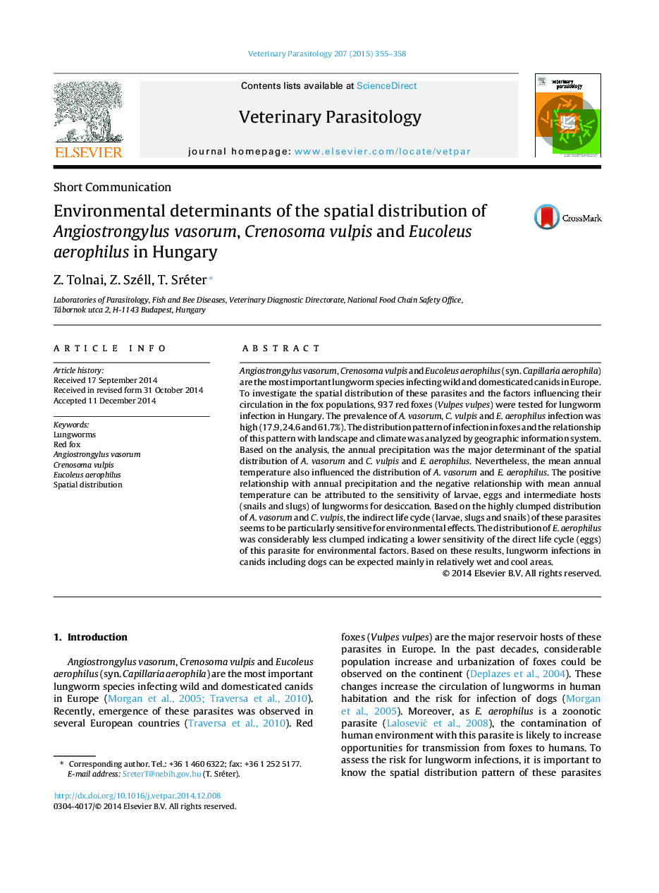 Environmental determinants of the spatial distribution of Angiostrongylus vasorum, Crenosoma vulpis and Eucoleus aerophilus in Hungary