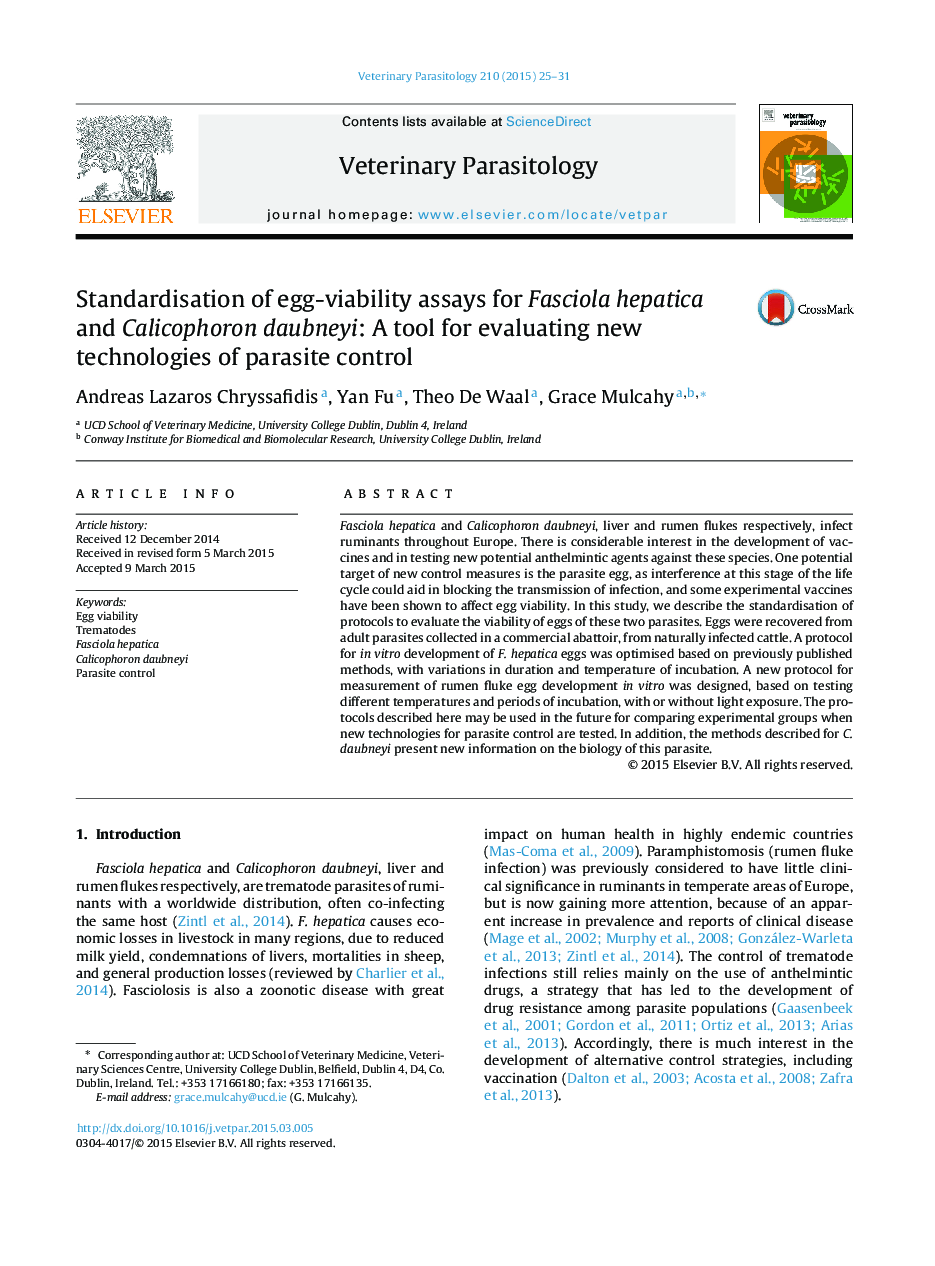 Standardisation of egg-viability assays for Fasciola hepatica and Calicophoron daubneyi: A tool for evaluating new technologies of parasite control