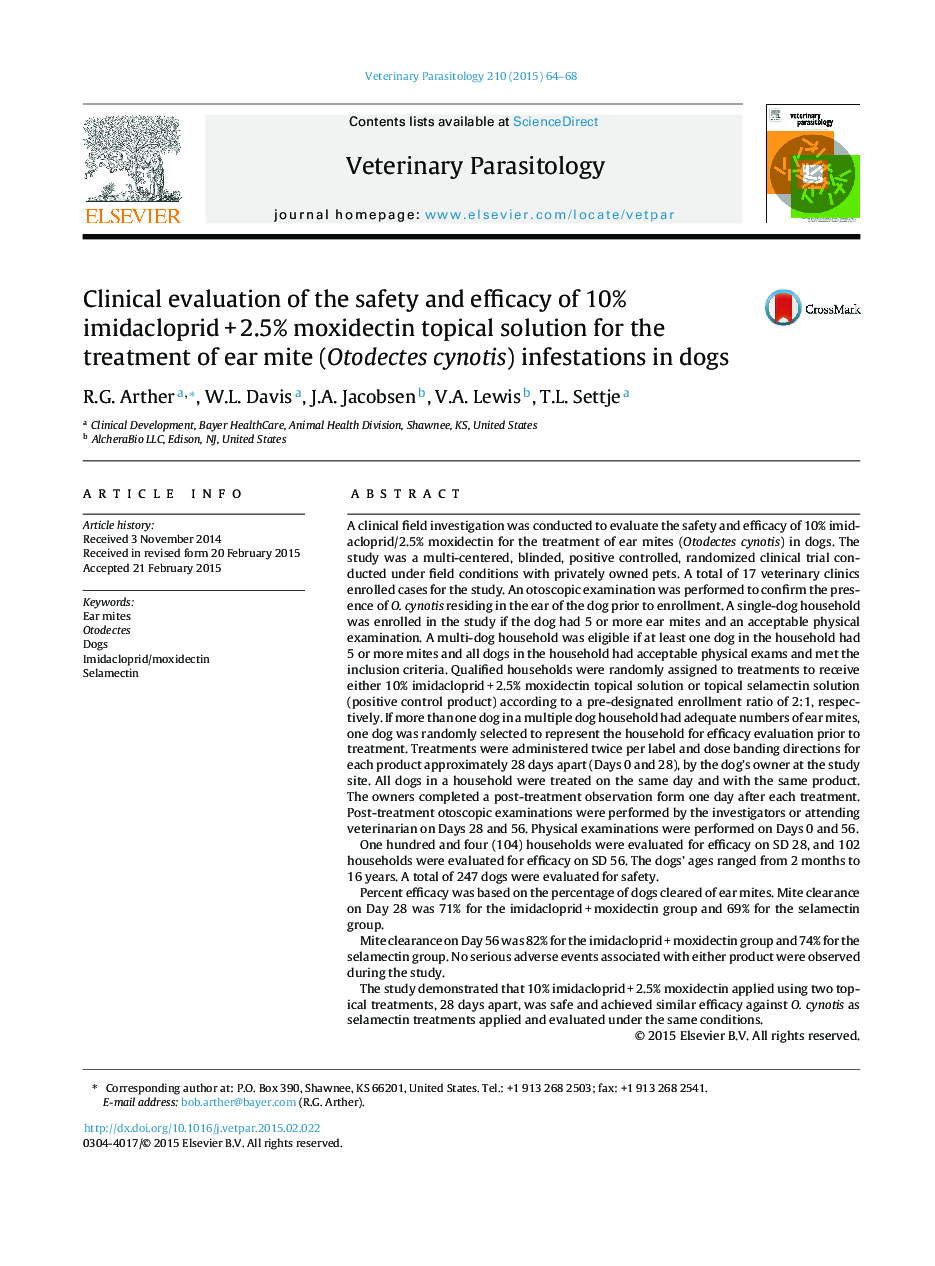 Clinical evaluation of the safety and efficacy of 10% imidacloprid + 2.5% moxidectin topical solution for the treatment of ear mite (Otodectes cynotis) infestations in dogs